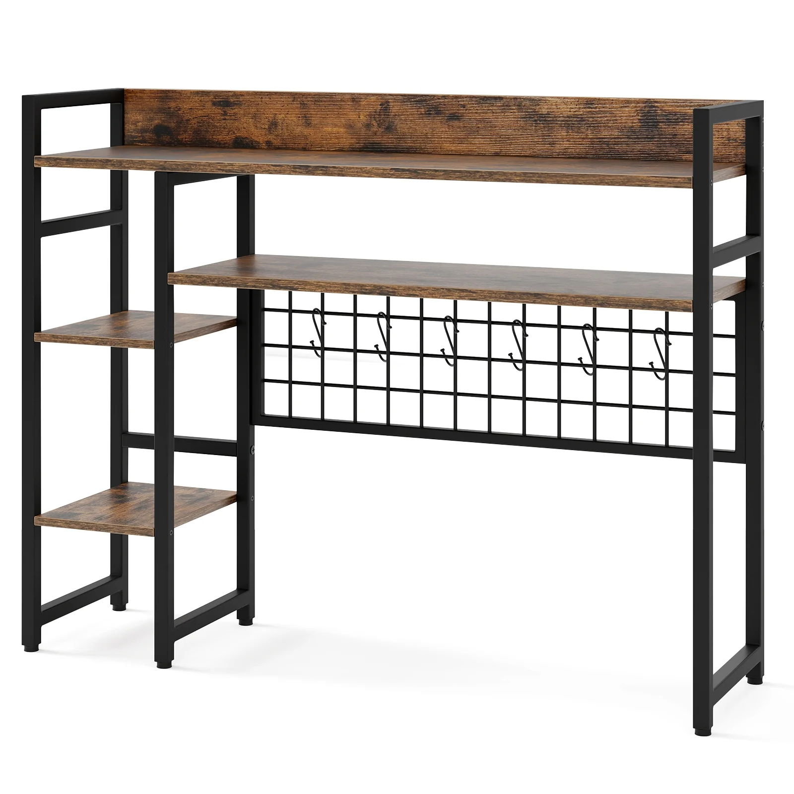 4-Tier Desk Shelf, Metal Grid Panel, 6 Hooks, Brown - Image 4