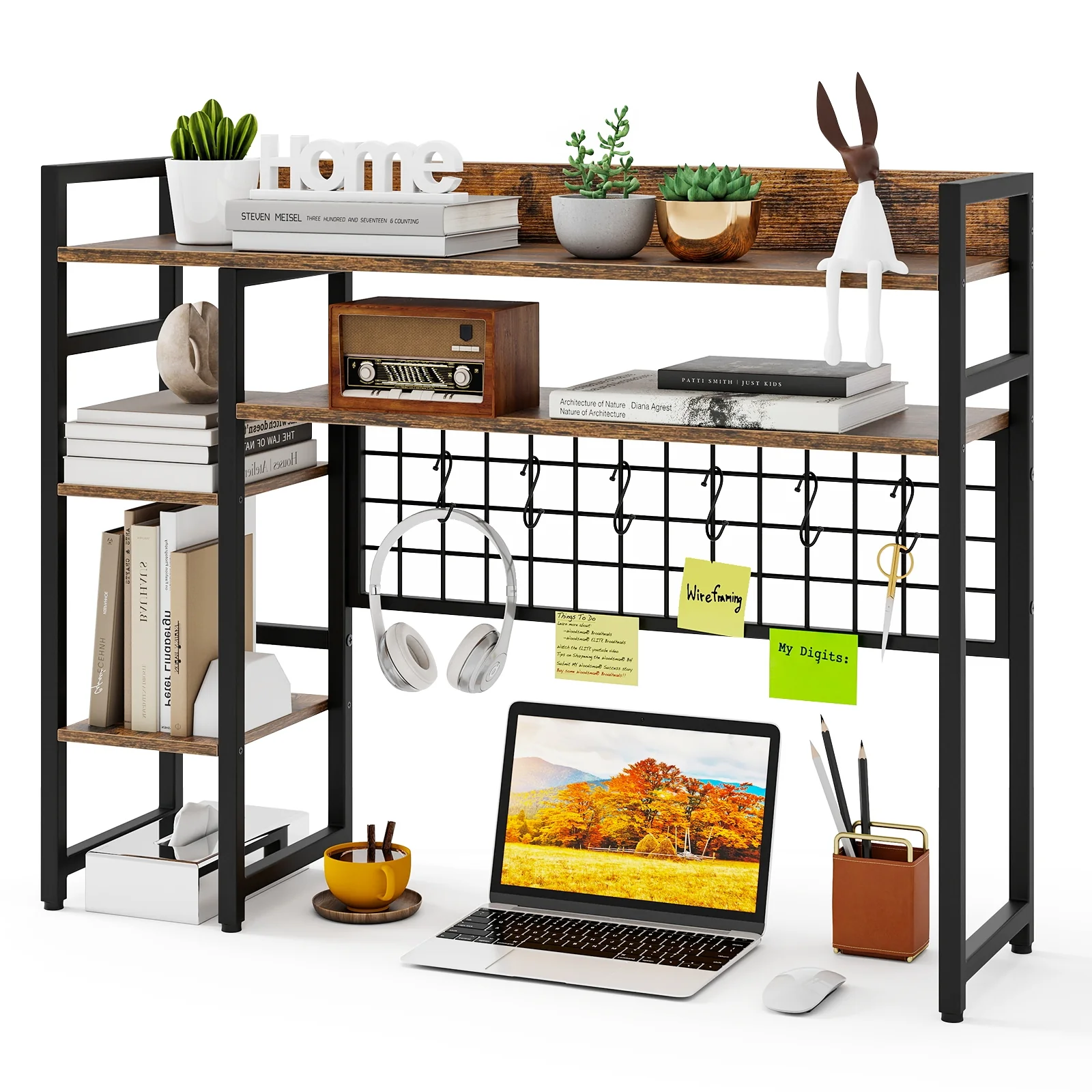 4-Tier Desk Shelf, Metal Grid Panel, 6 Hooks, Brown - Image 5
