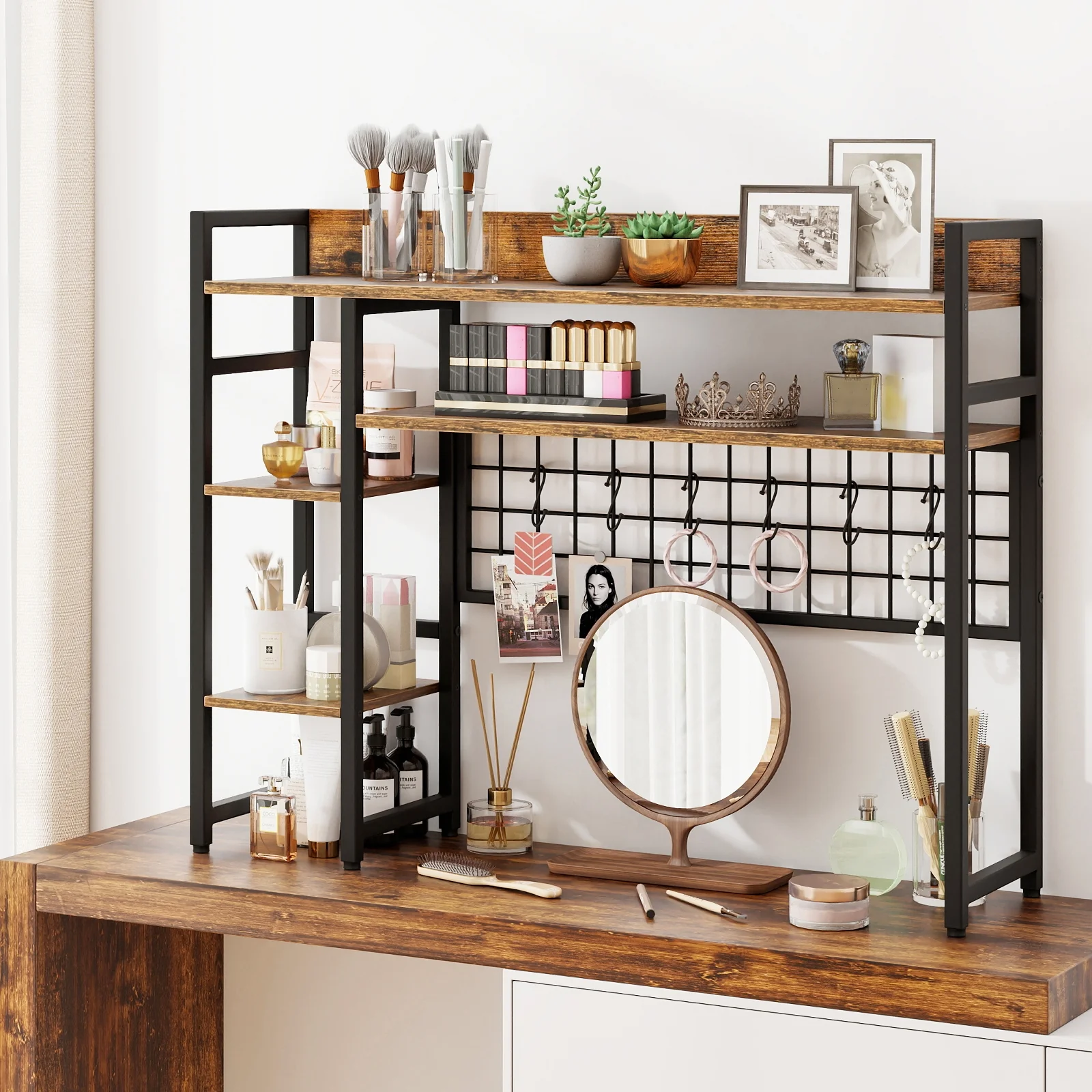 4-Tier Desk Shelf, Metal Grid Panel, 6 Hooks, Brown - Image 7