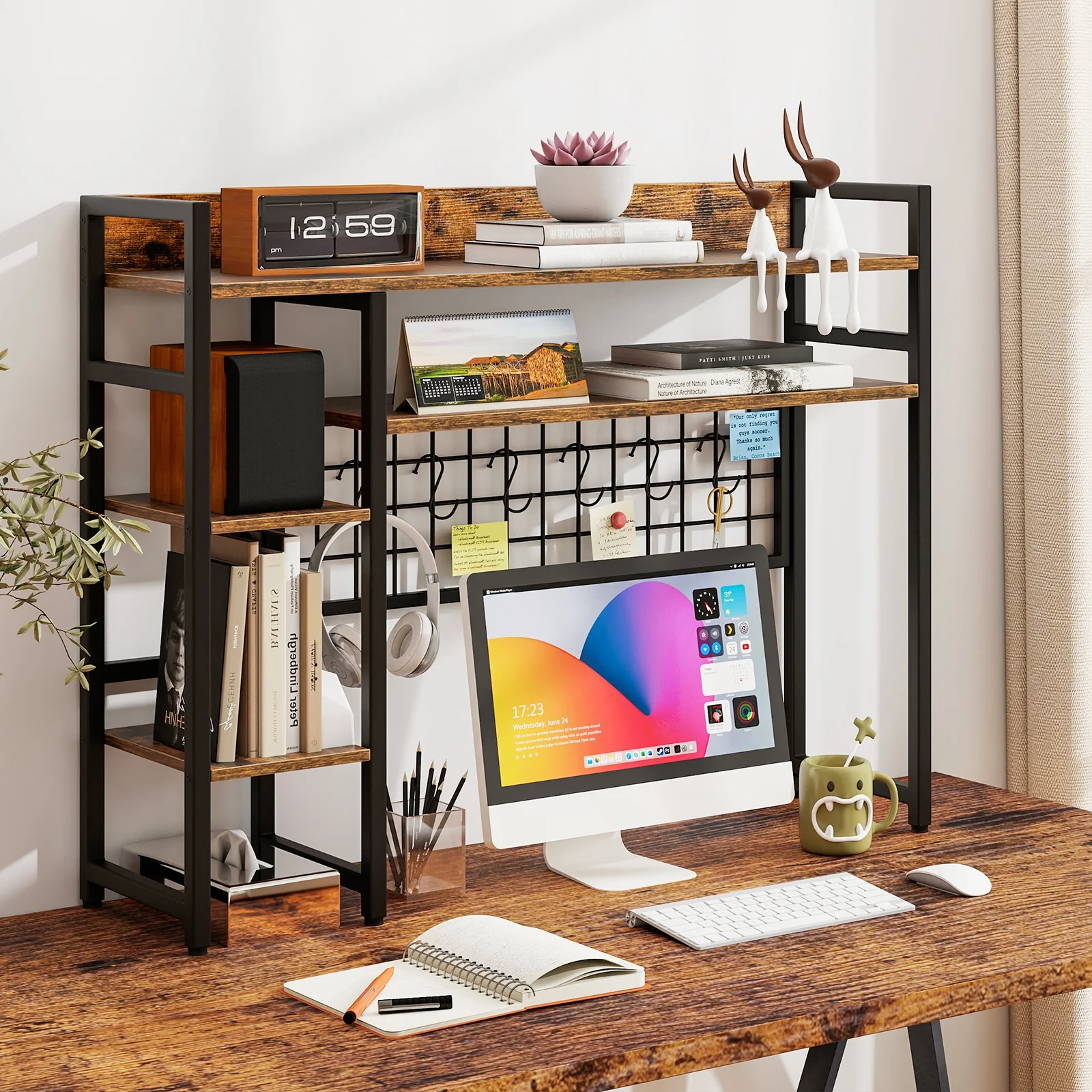 4-Tier Desk Shelf, Metal Grid Panel, 6 Hooks, Brown - Image 8
