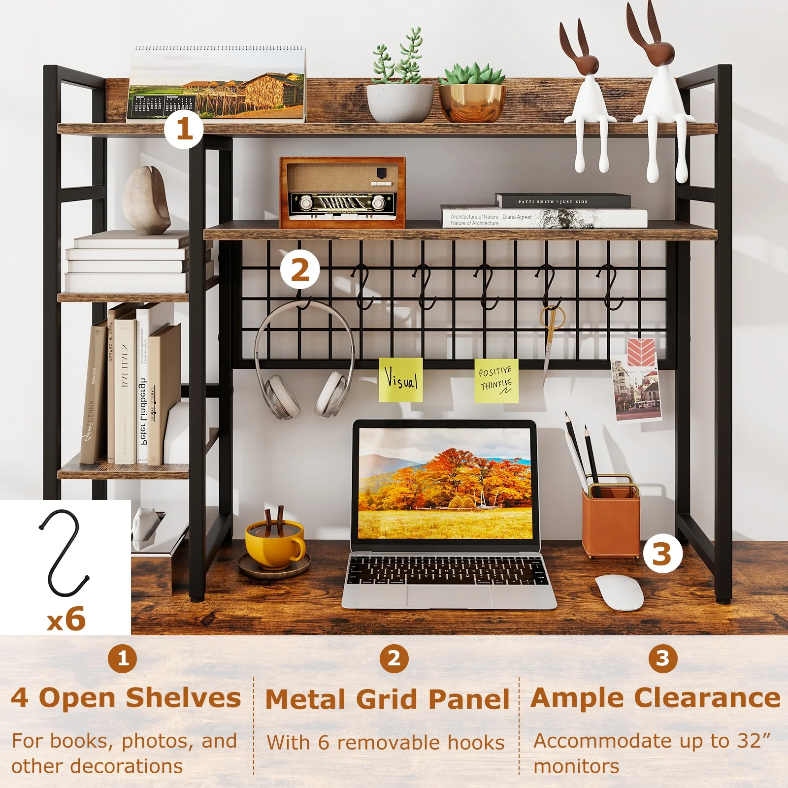 4-Tier Desk Shelf, Metal Grid Panel, 6 Hooks, Brown - Image 9