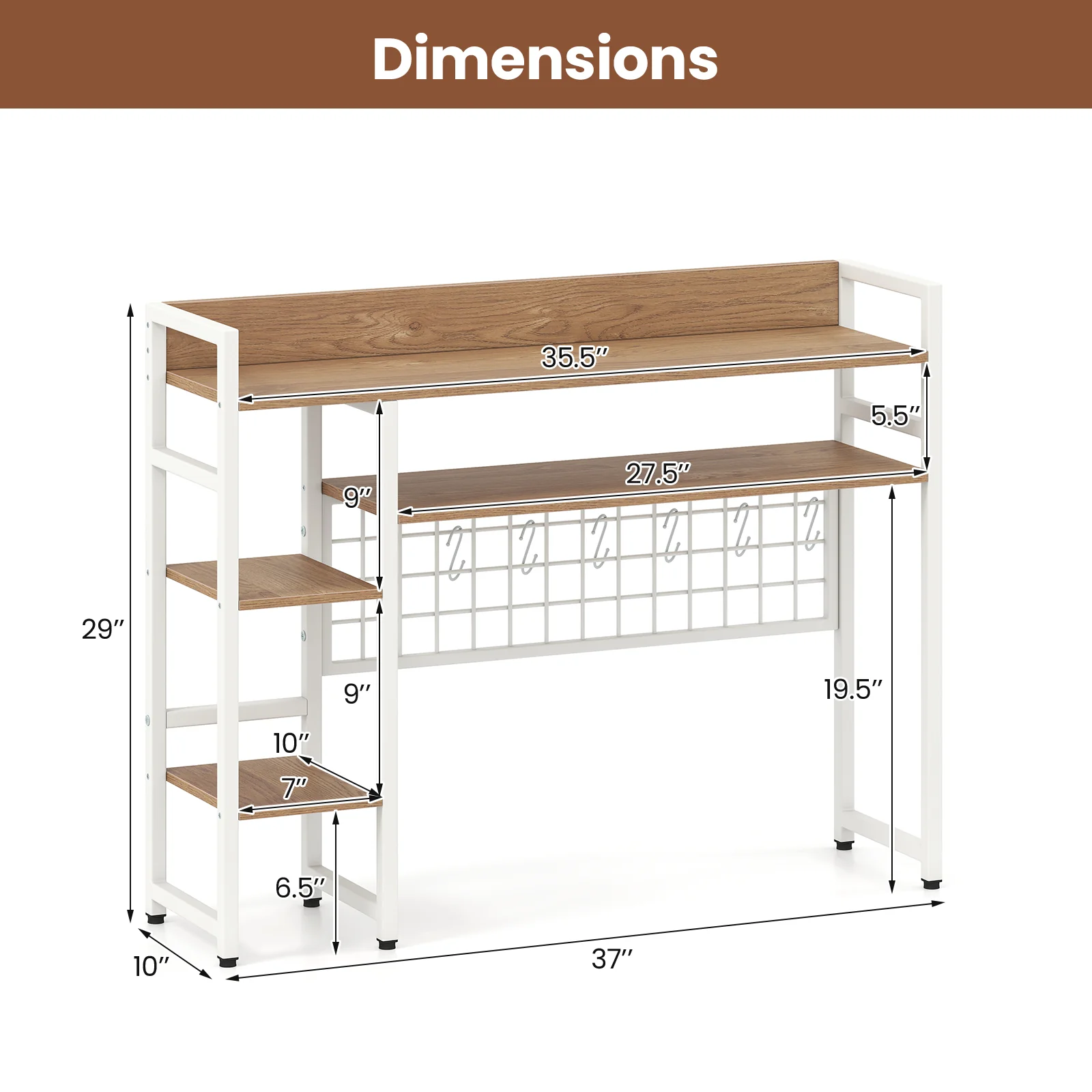4-Tier Desk Shelf, Metal Grid Panel, 6 Hooks, Natural - Image 10