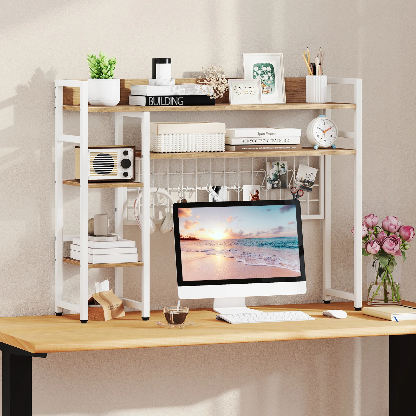 4-Tier Desk Shelf, Metal Grid Panel, 6 Hooks, Natural - Image 4