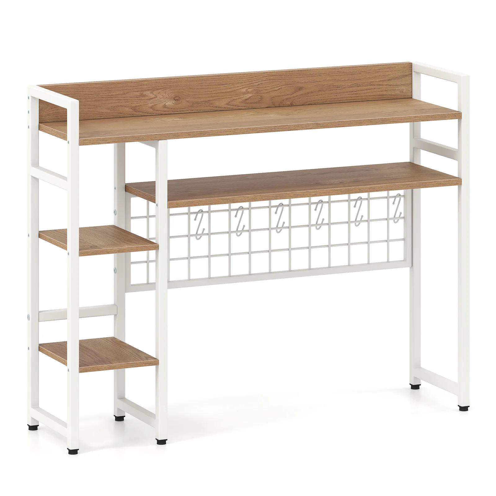 4-Tier Desk Shelf, Metal Grid Panel, 6 Hooks, Natural - Image 6
