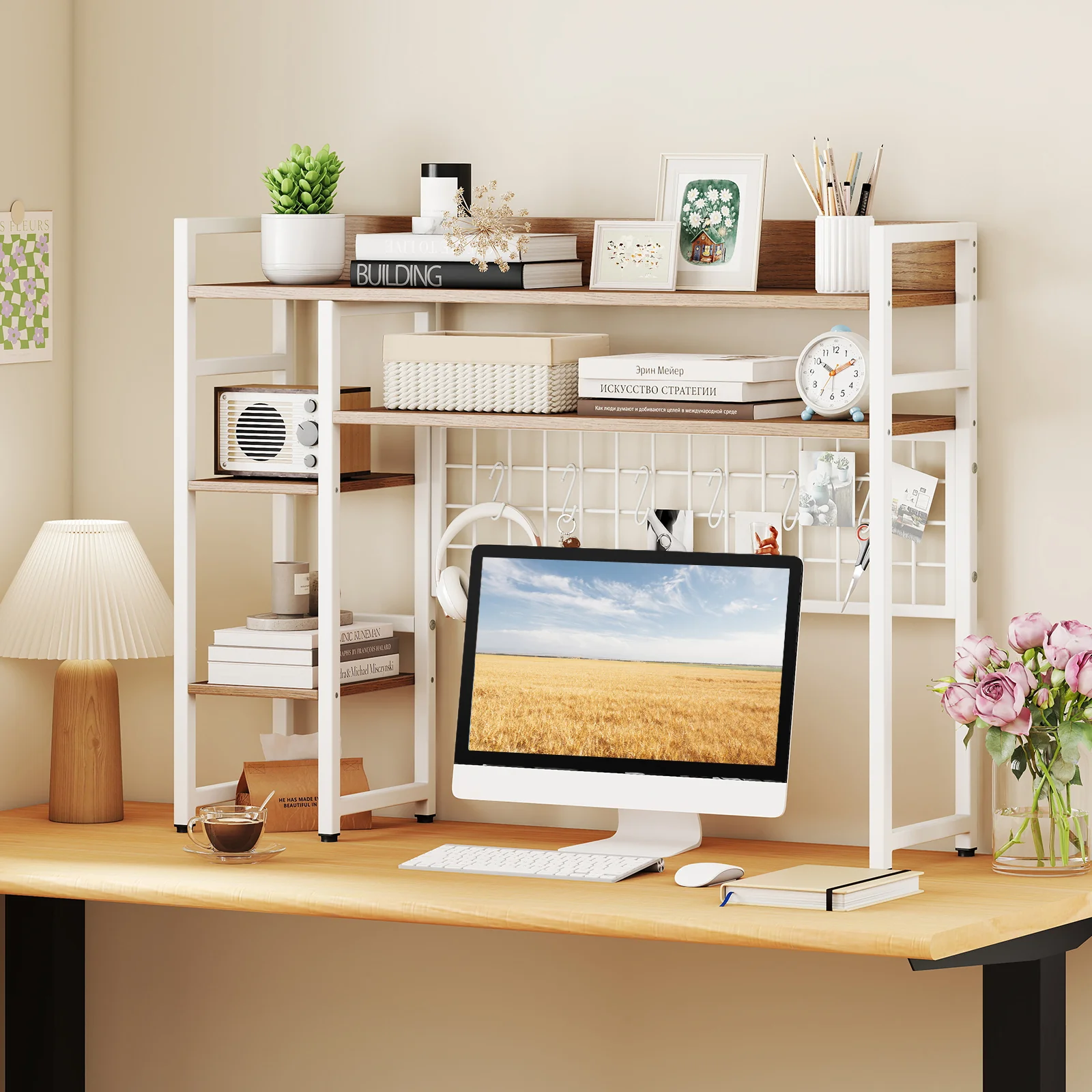 4-Tier Desk Shelf, Metal Grid Panel, 6 Hooks, Natural - Image 9