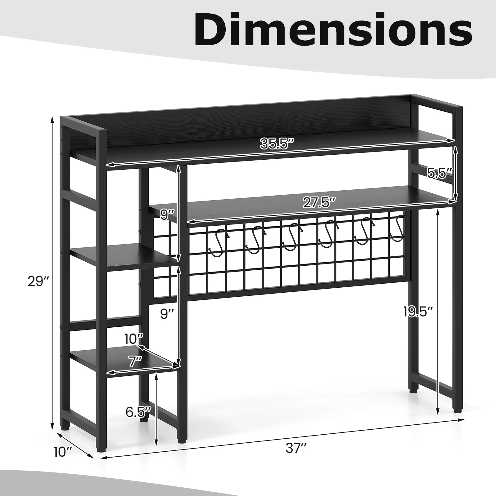 4-Tier Desk Shelf, Metal Grid Panel With 6 Hooks, Black - Image 6