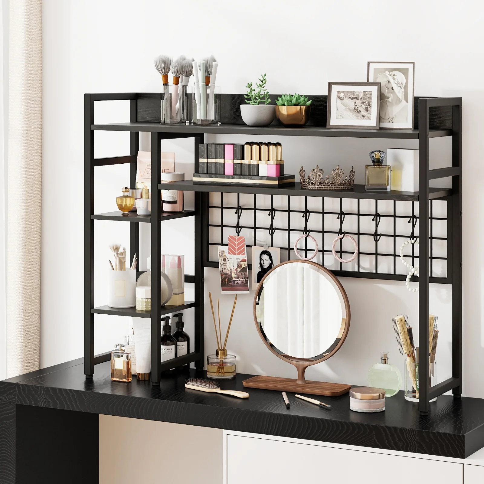 4-Tier Desk Shelf, Metal Grid Panel With 6 Hooks, Black - Image 7