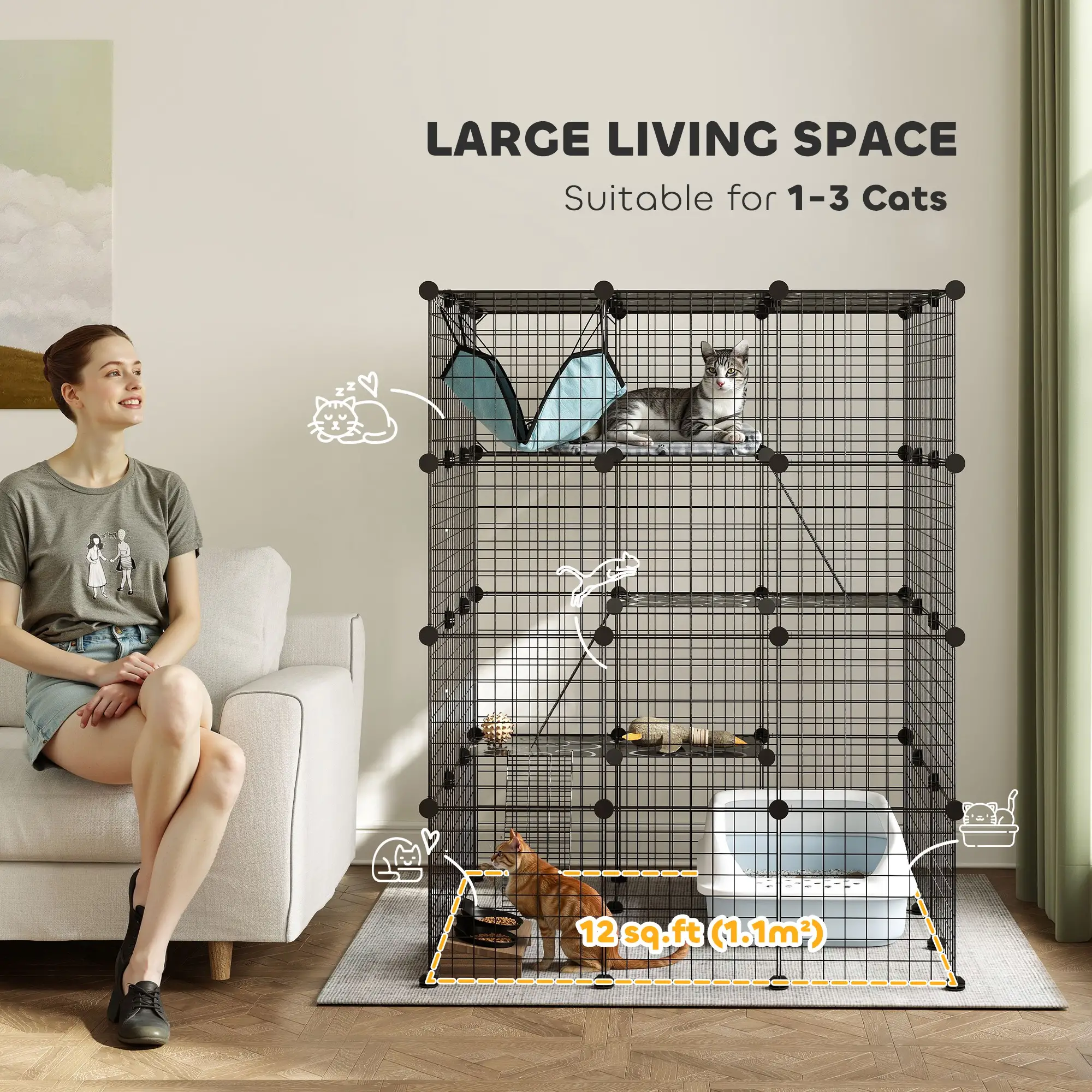 4 Tier DIY Cat Cage, Indoor Catio for 1-3 Cats, Black - Image 4