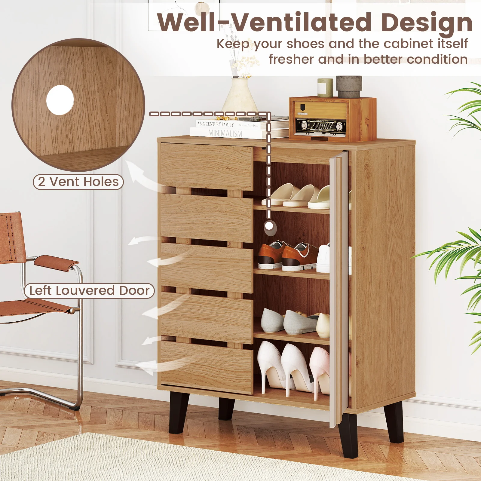 4-Tier Farmhouse Shoe Organizer with Louvered Door-Natural and White, Natural & White - Image 10