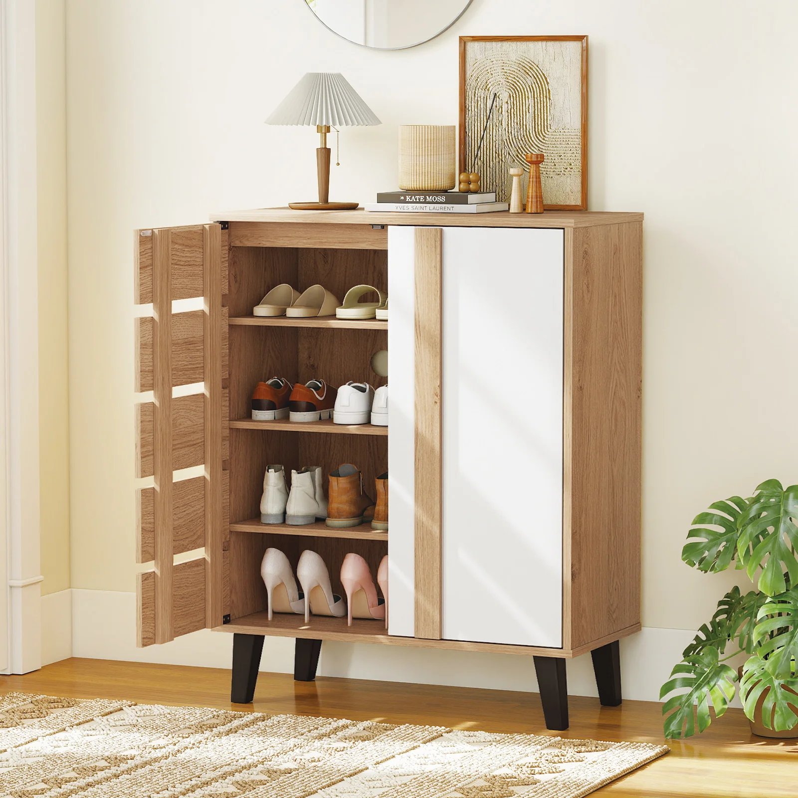 4-Tier Farmhouse Shoe Organizer with Louvered Door-Natural and White, Natural & White - Image 2