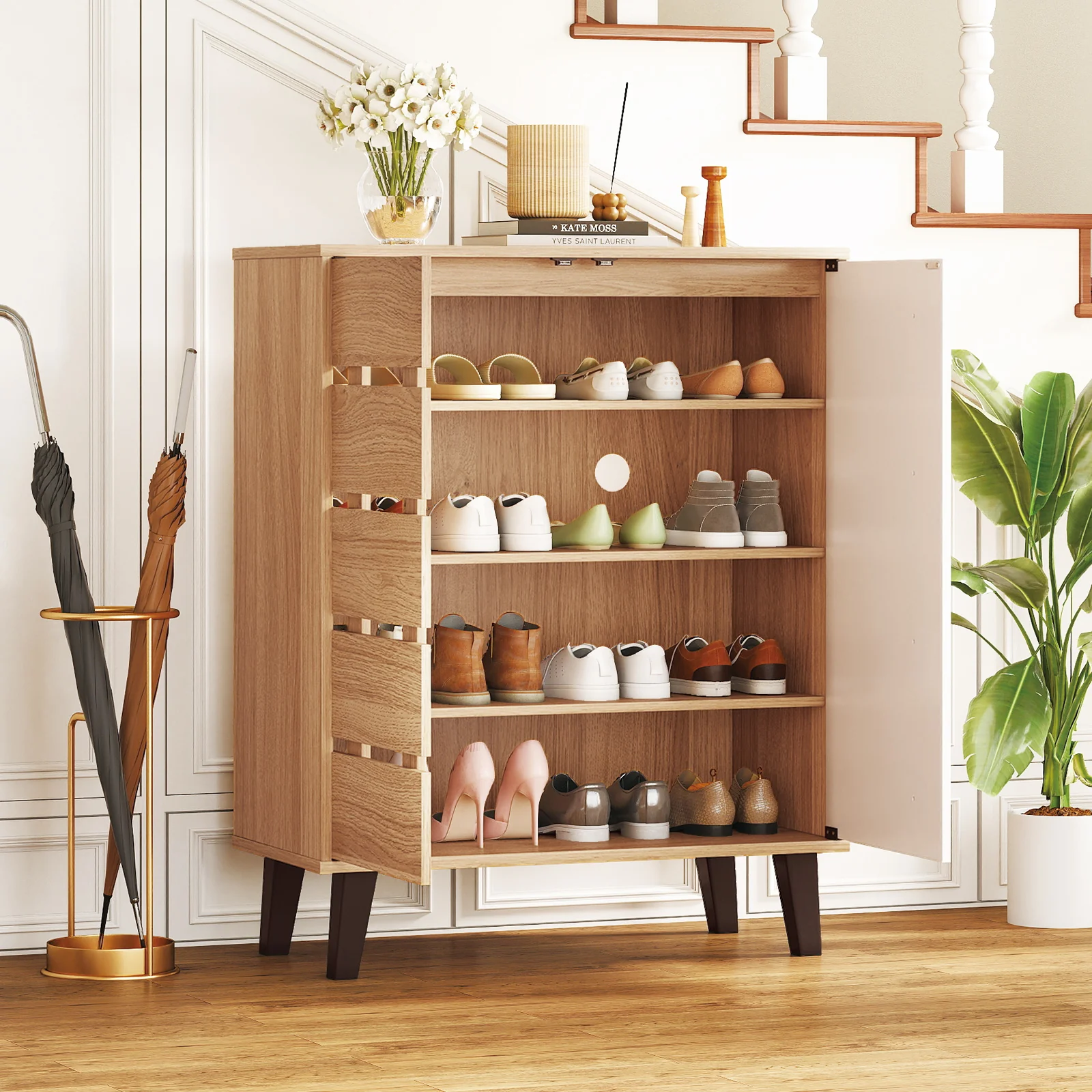 4-Tier Farmhouse Shoe Organizer with Louvered Door-Natural and White, Natural & White - Image 3