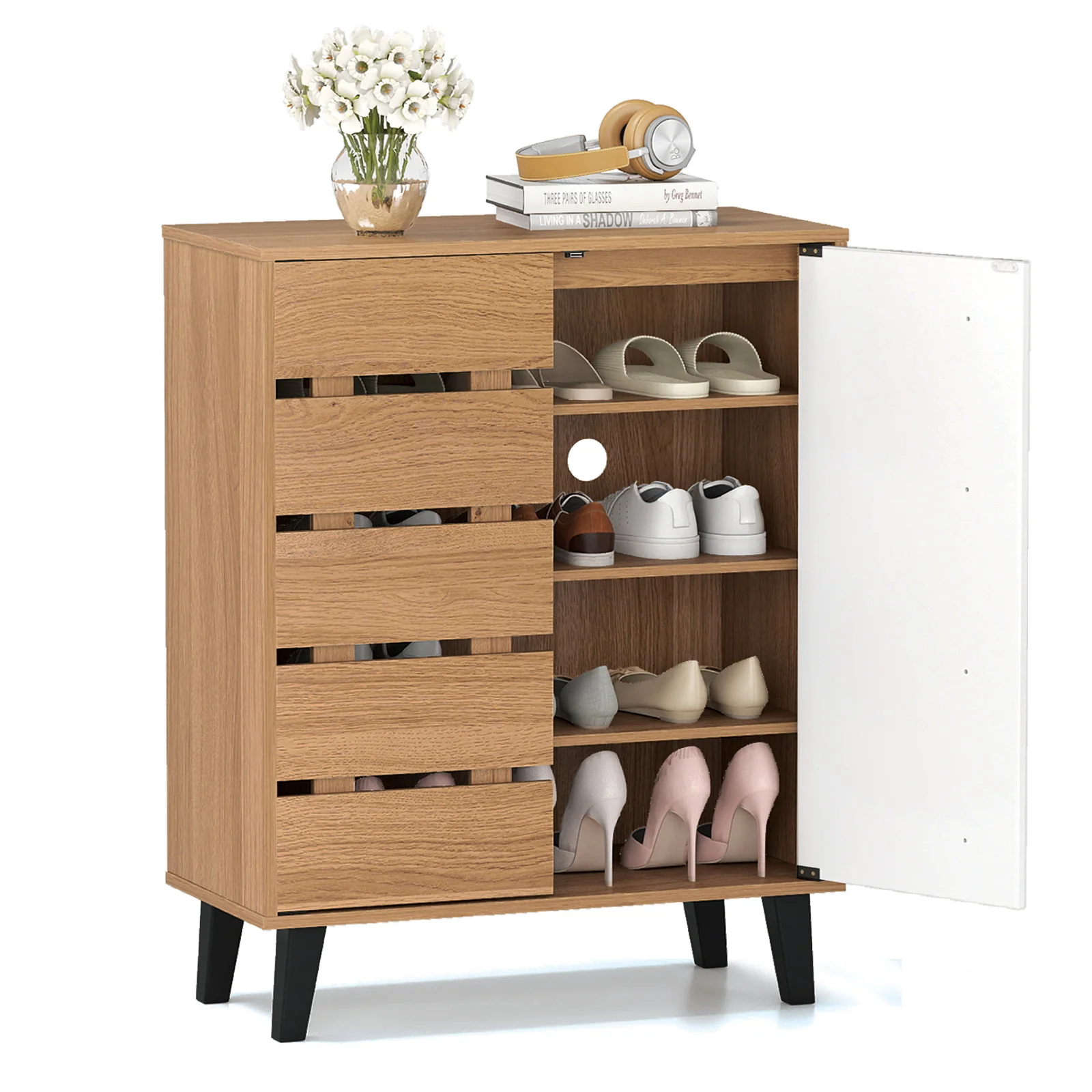 4-Tier Farmhouse Shoe Organizer with Louvered Door-Natural and White, Natural & White - Image 4