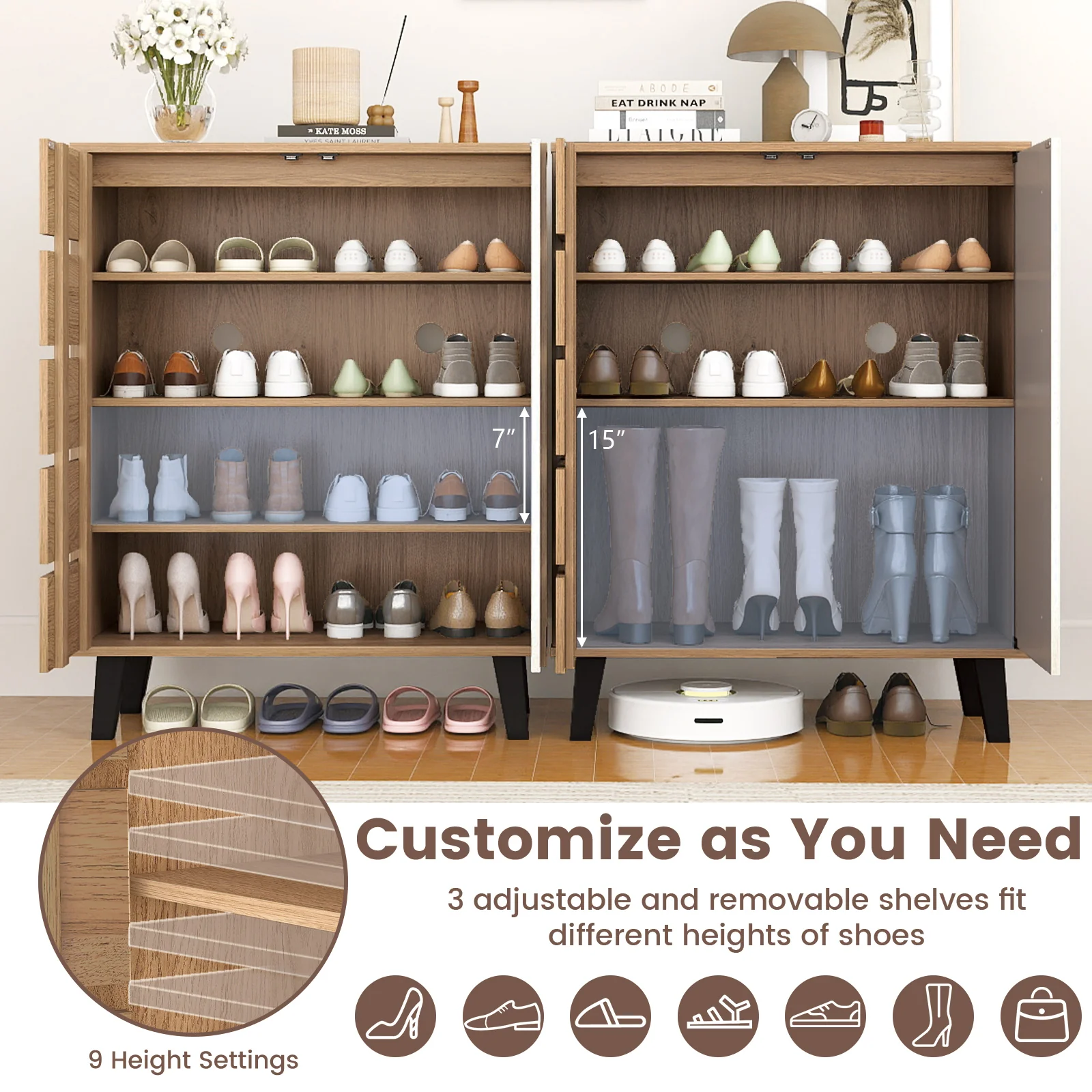 4-Tier Farmhouse Shoe Organizer with Louvered Door-Natural and White, Natural & White - Image 8