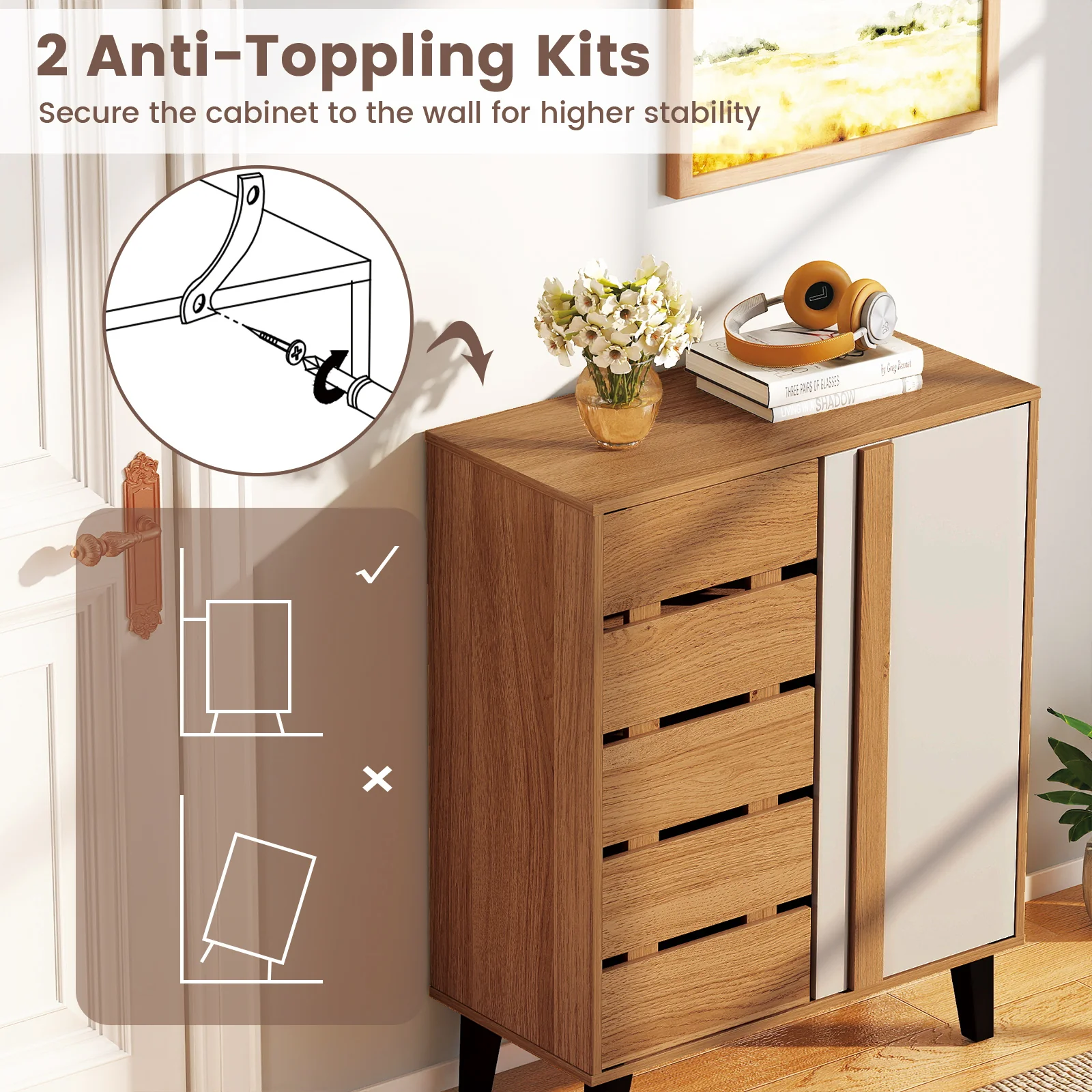 4-Tier Farmhouse Shoe Organizer with Louvered Door-Natural and White, Natural & White - Image 9