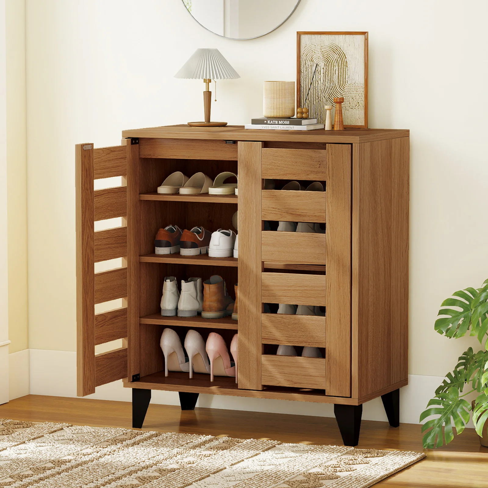 4-Tier Farmhouse Shoe Organizer with Louvered Door, Natural - Image 2