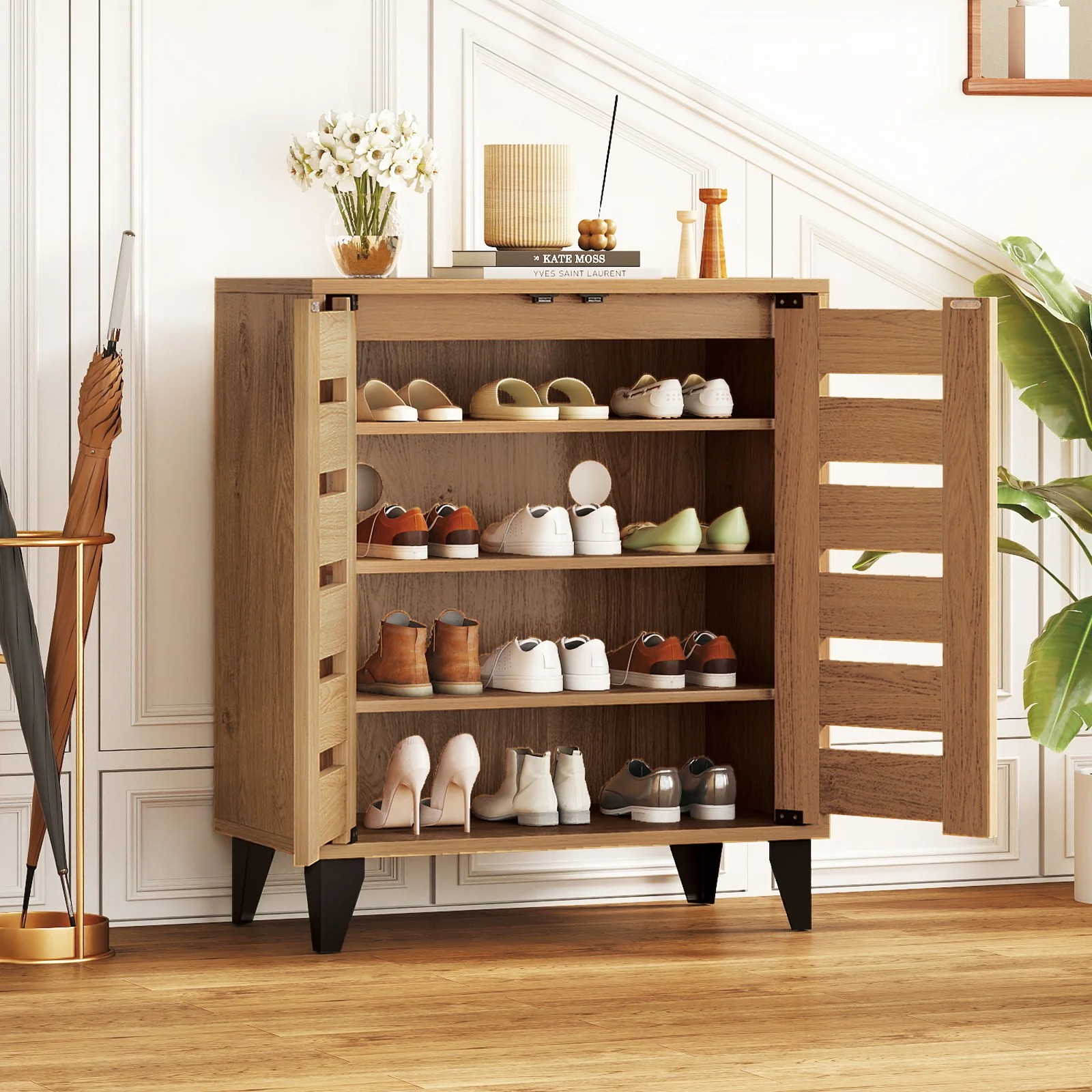4-Tier Farmhouse Shoe Organizer with Louvered Door, Natural - Image 3