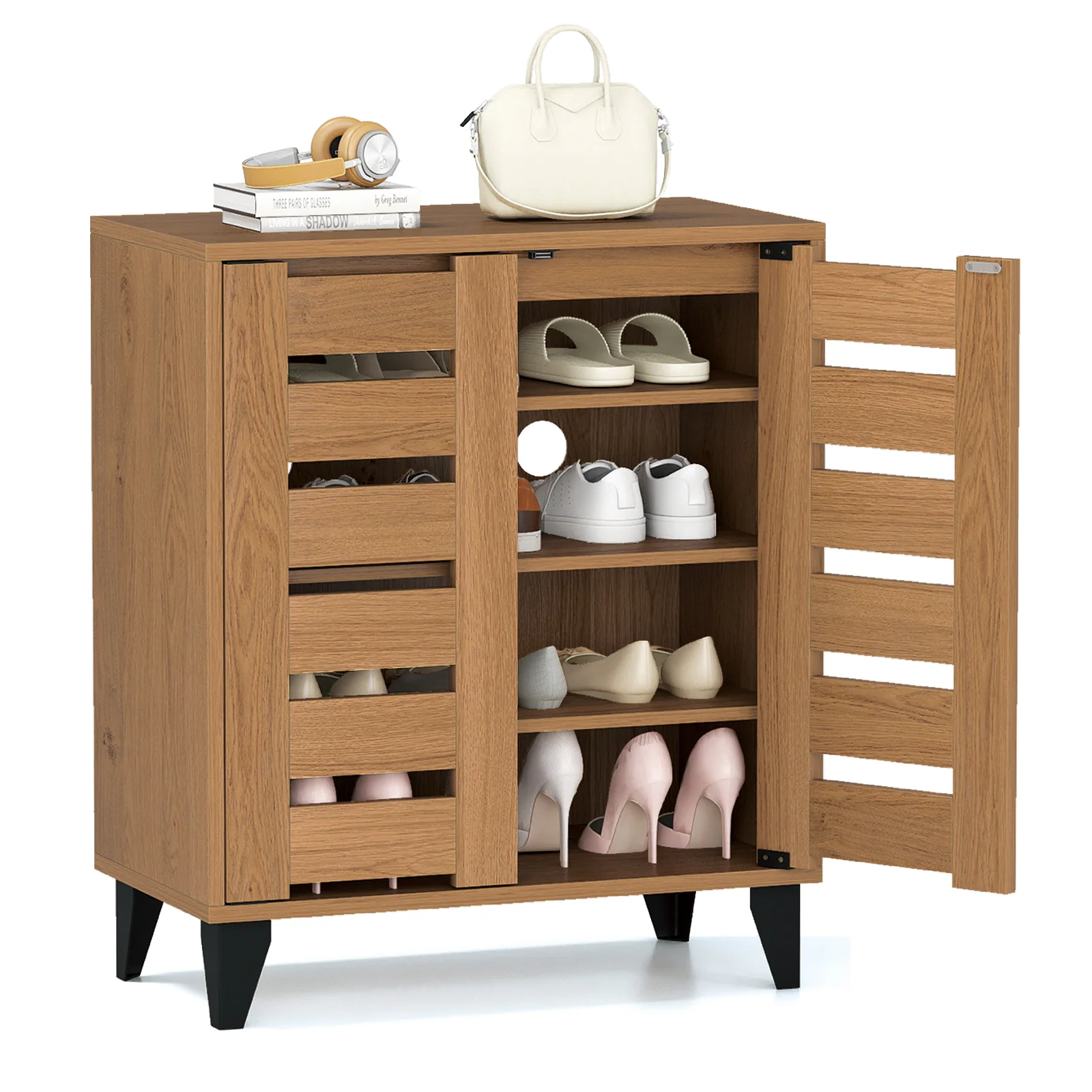 4-Tier Farmhouse Shoe Organizer with Louvered Door, Natural - Image 4