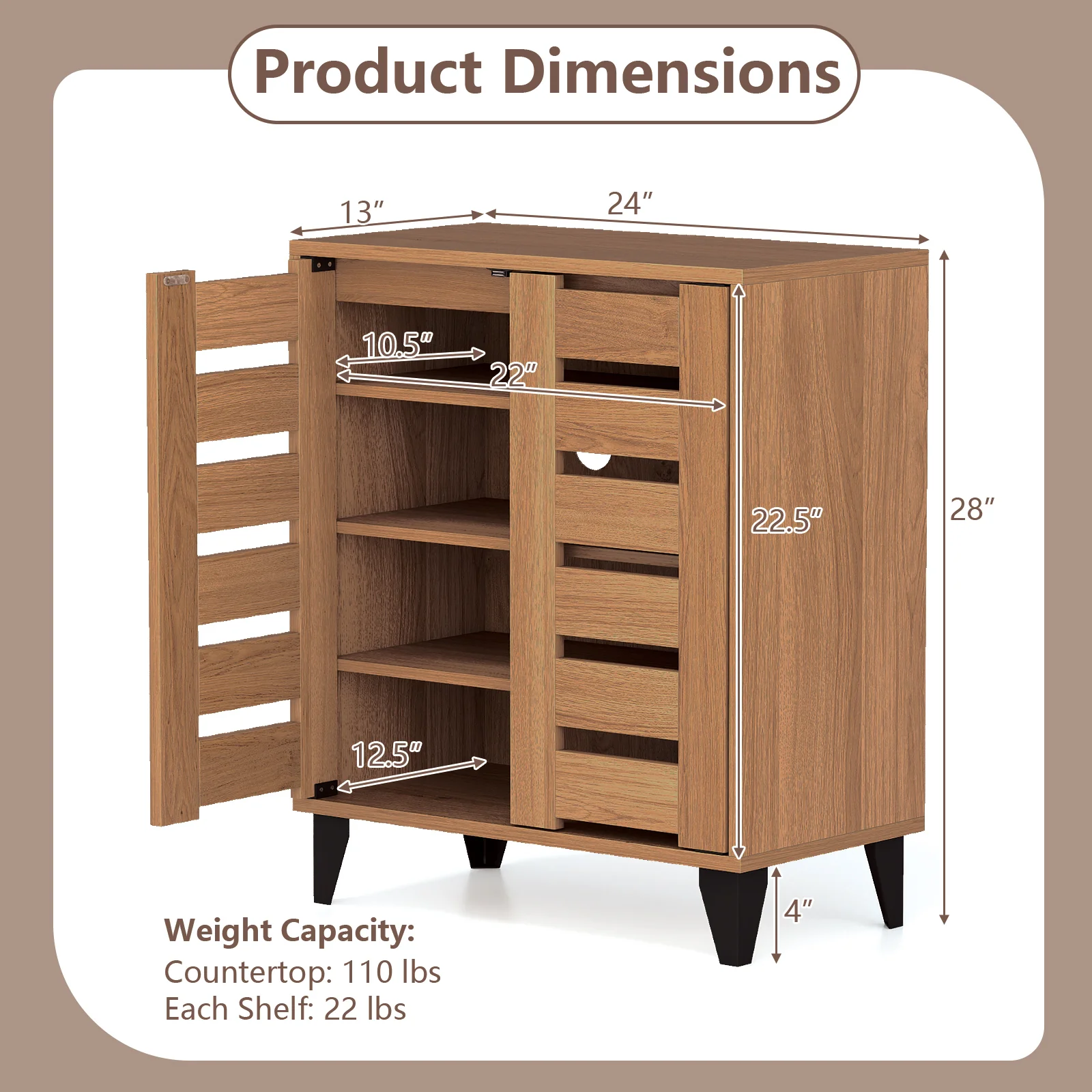 4-Tier Farmhouse Shoe Organizer with Louvered Door, Natural - Image 6