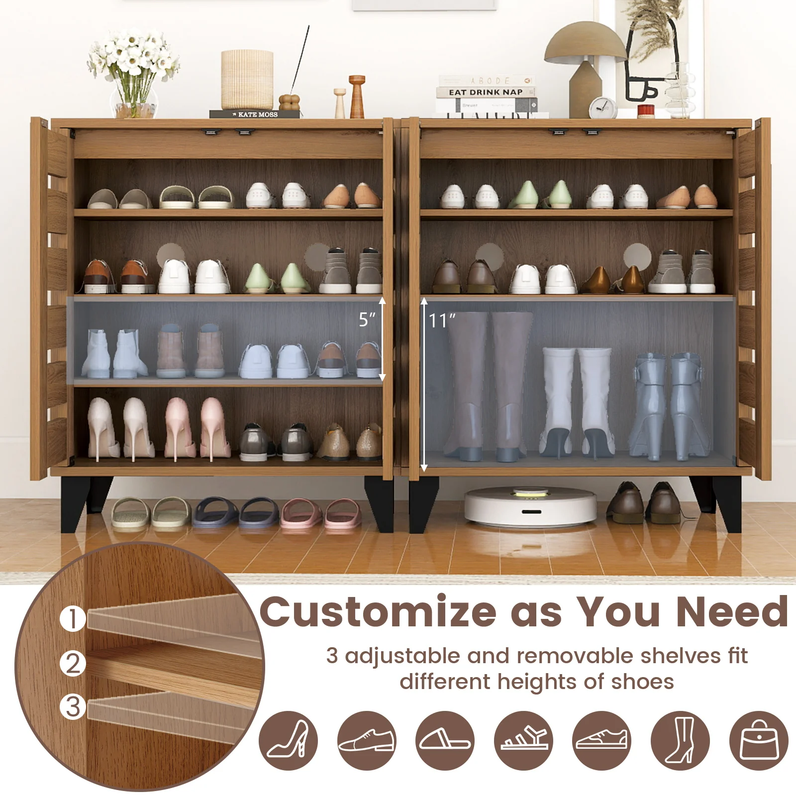 4-Tier Farmhouse Shoe Organizer with Louvered Door, Natural - Image 8