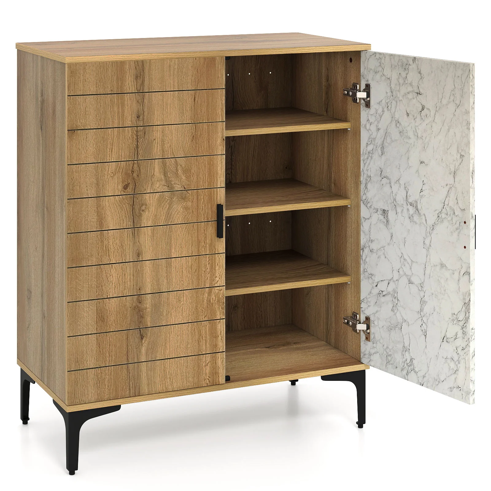 4 Tier Farmhouse Shoe Storage Cabinet with Removable Shelves and Metal Legs, Oak
