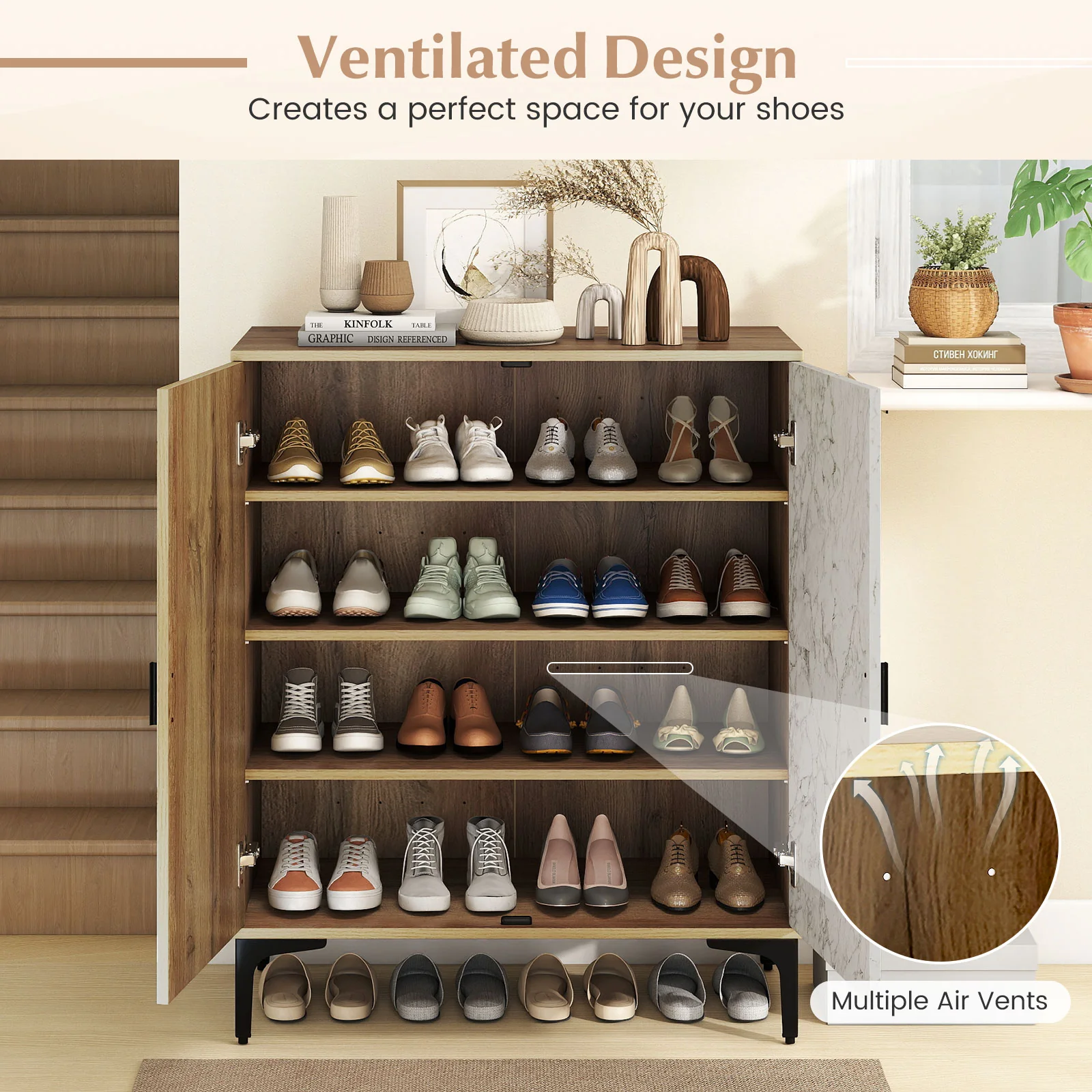 4 Tier Farmhouse Shoe Storage Cabinet with Removable Shelves and Metal Legs, Oak - Image 10