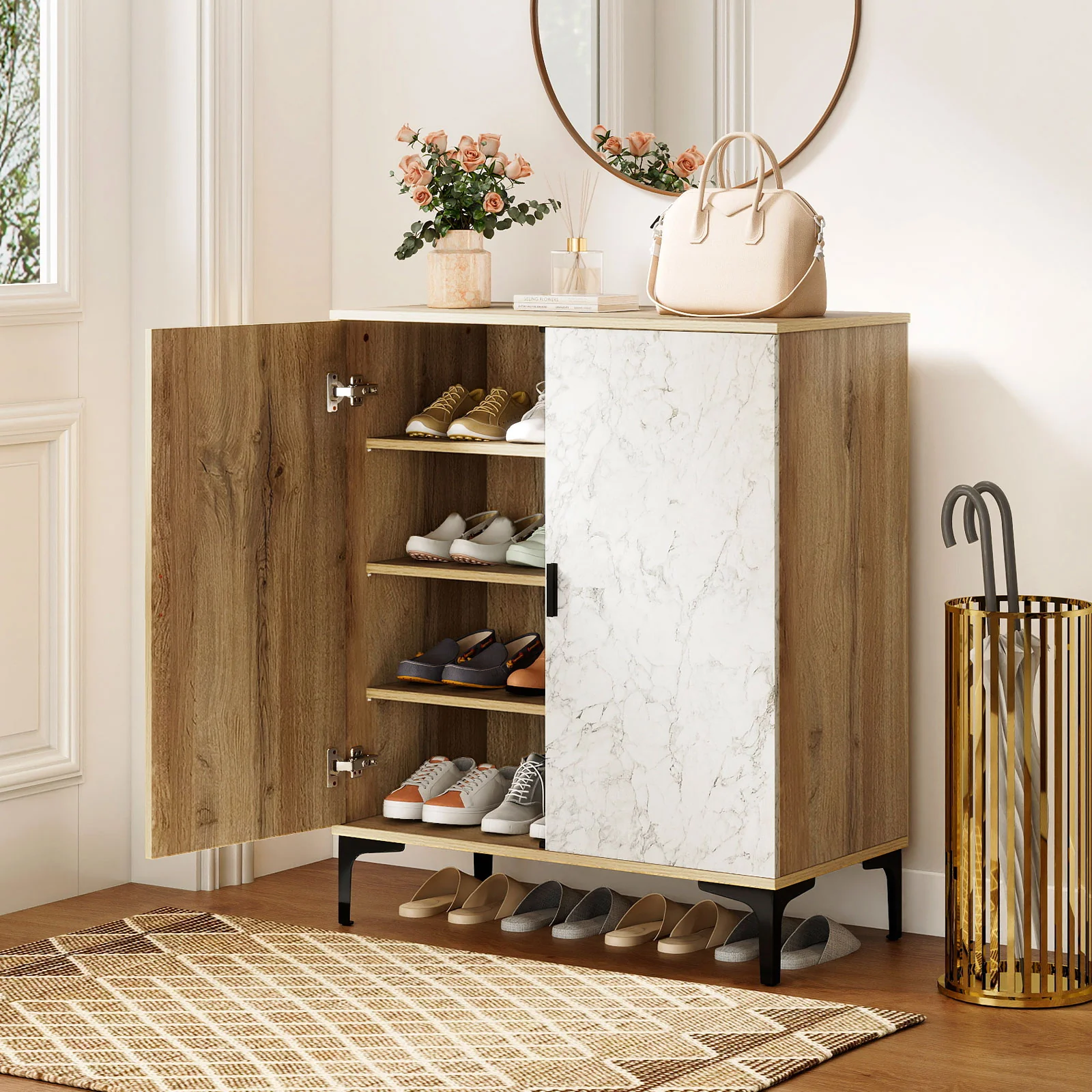 4 Tier Farmhouse Shoe Storage Cabinet with Removable Shelves and Metal Legs, Oak - Image 2