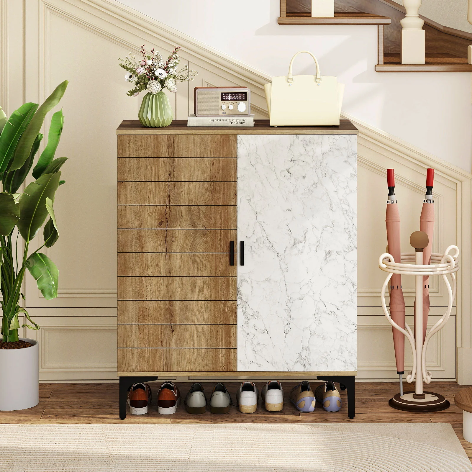 4 Tier Farmhouse Shoe Storage Cabinet with Removable Shelves and Metal Legs, Oak - Image 3