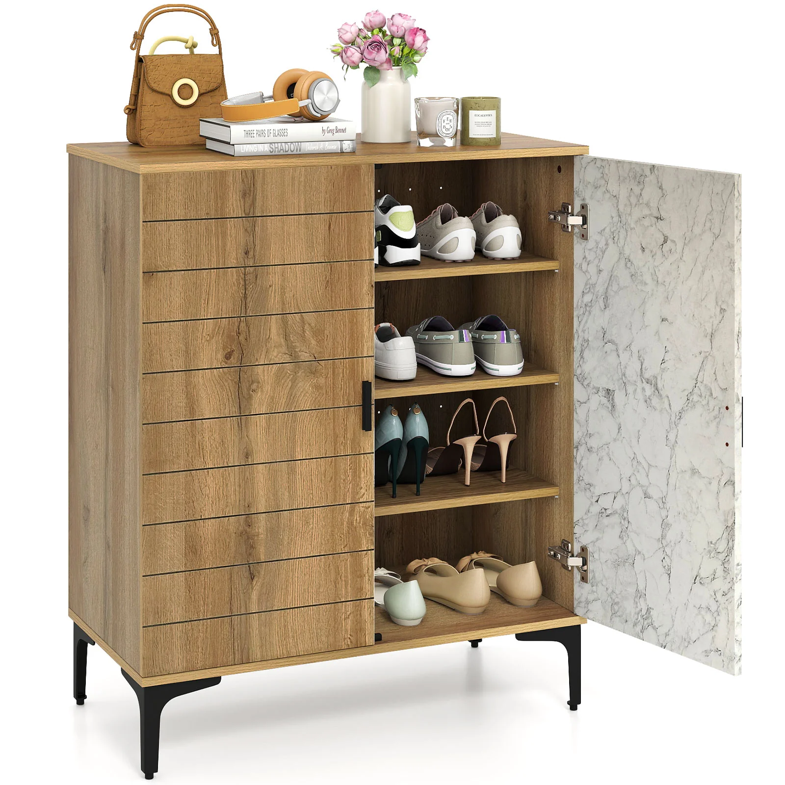 4 Tier Farmhouse Shoe Storage Cabinet with Removable Shelves and Metal Legs, Oak - Image 5