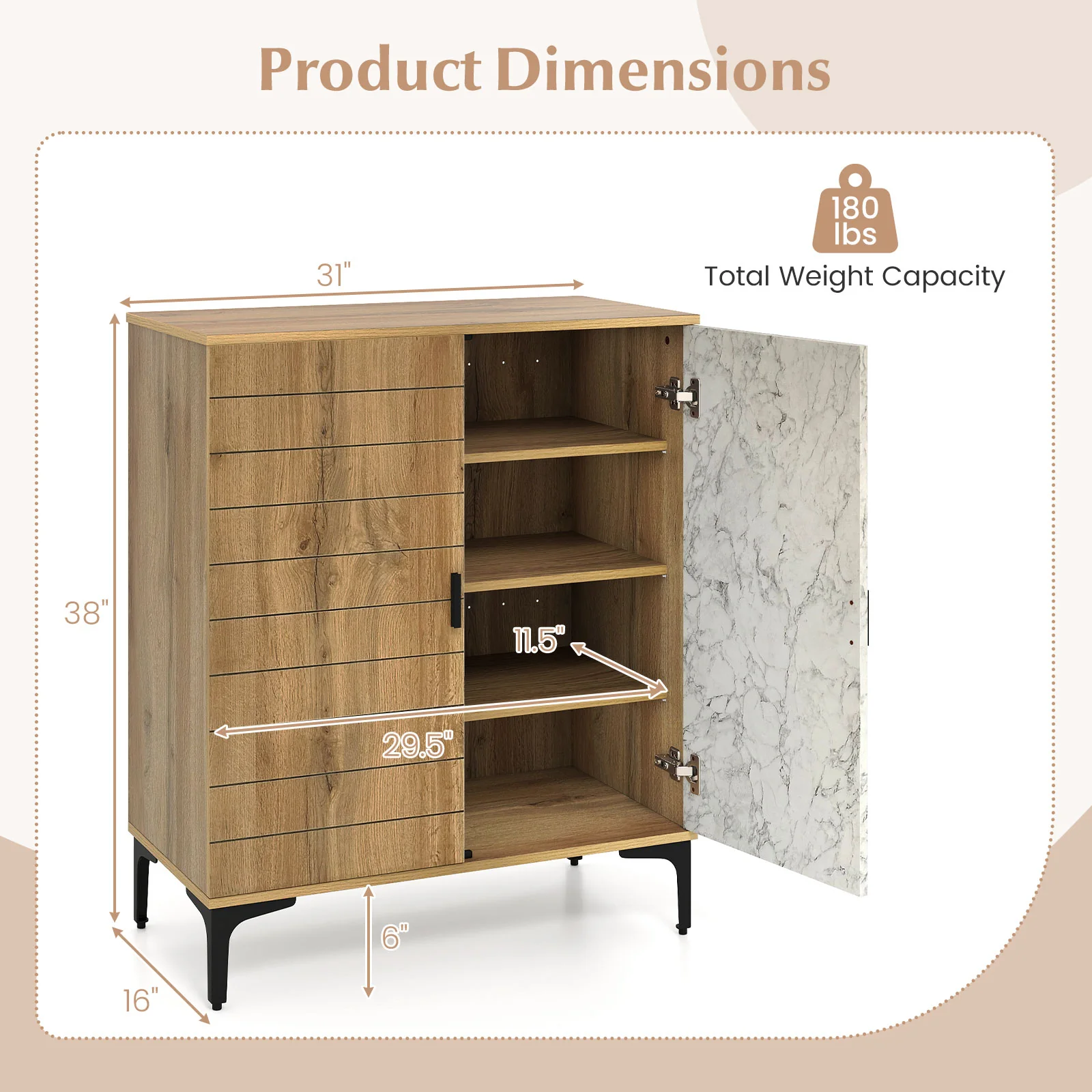 4 Tier Farmhouse Shoe Storage Cabinet with Removable Shelves and Metal Legs, Oak - Image 6