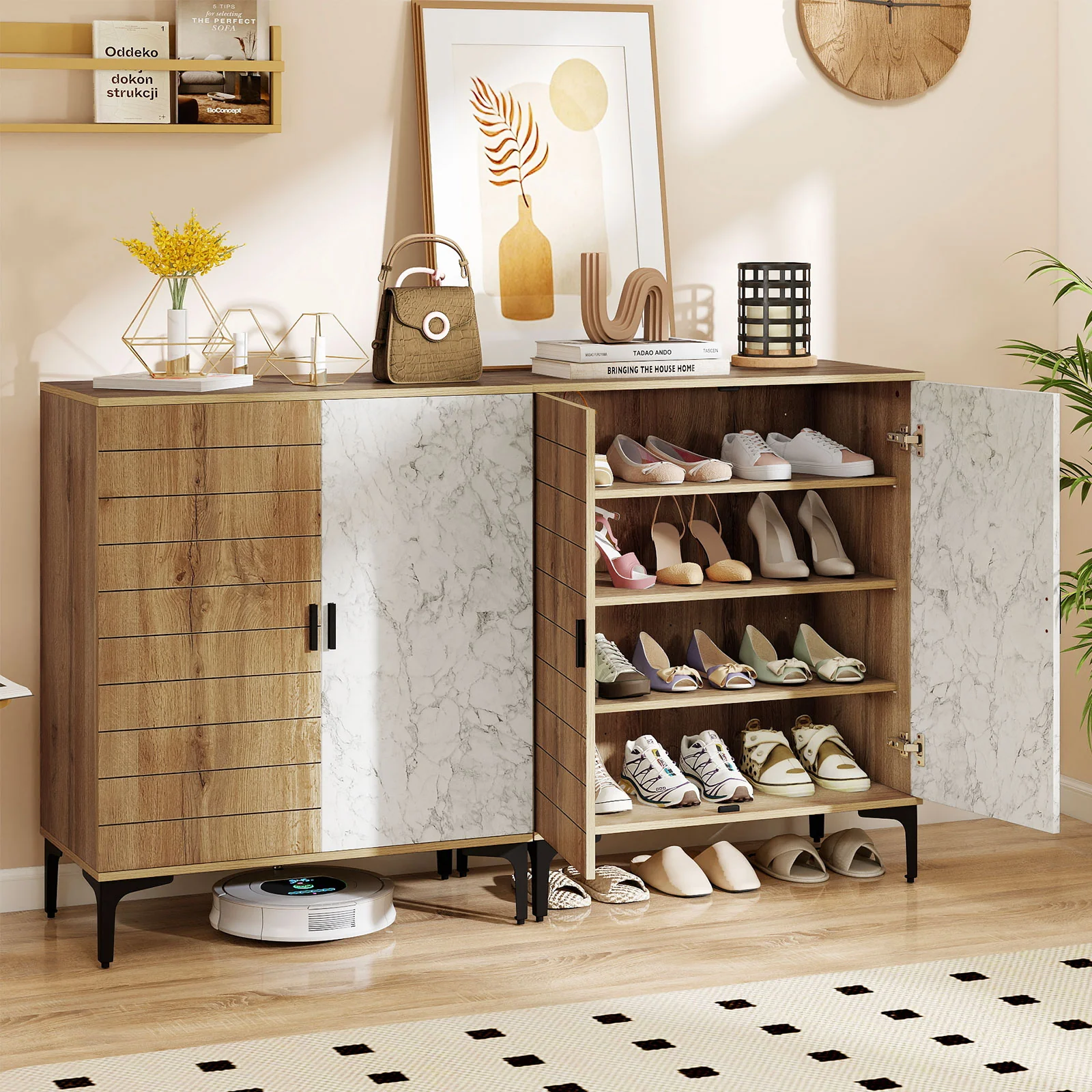 4 Tier Farmhouse Shoe Storage Cabinet with Removable Shelves and Metal Legs, Oak - Image 7