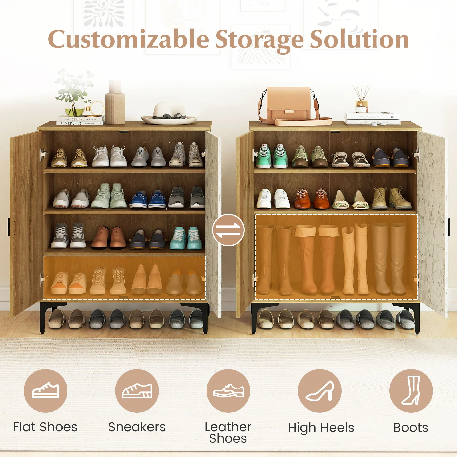 4 Tier Farmhouse Shoe Storage Cabinet with Removable Shelves and Metal Legs, Oak - Image 8