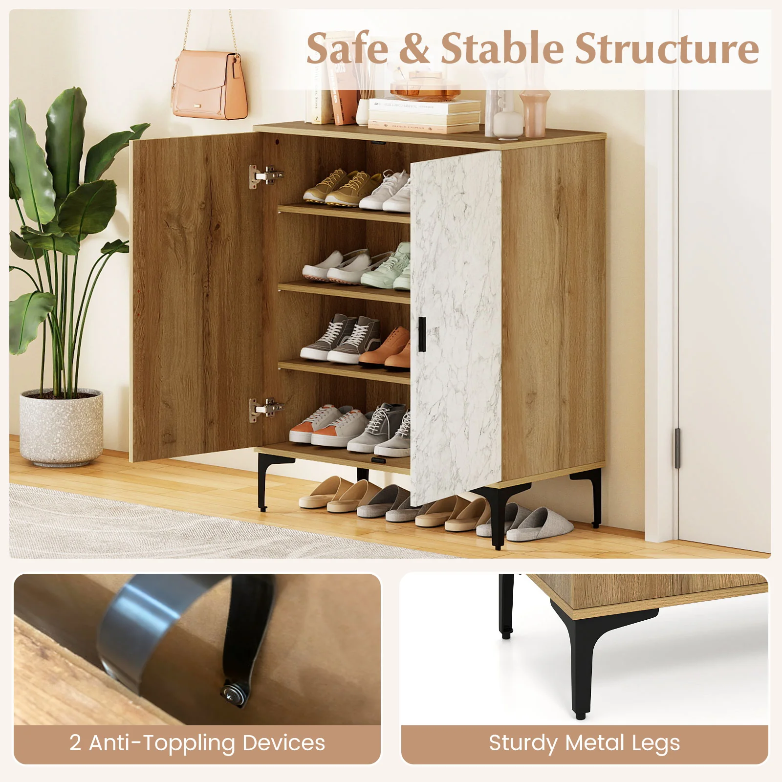 4 Tier Farmhouse Shoe Storage Cabinet with Removable Shelves and Metal Legs, Oak - Image 9