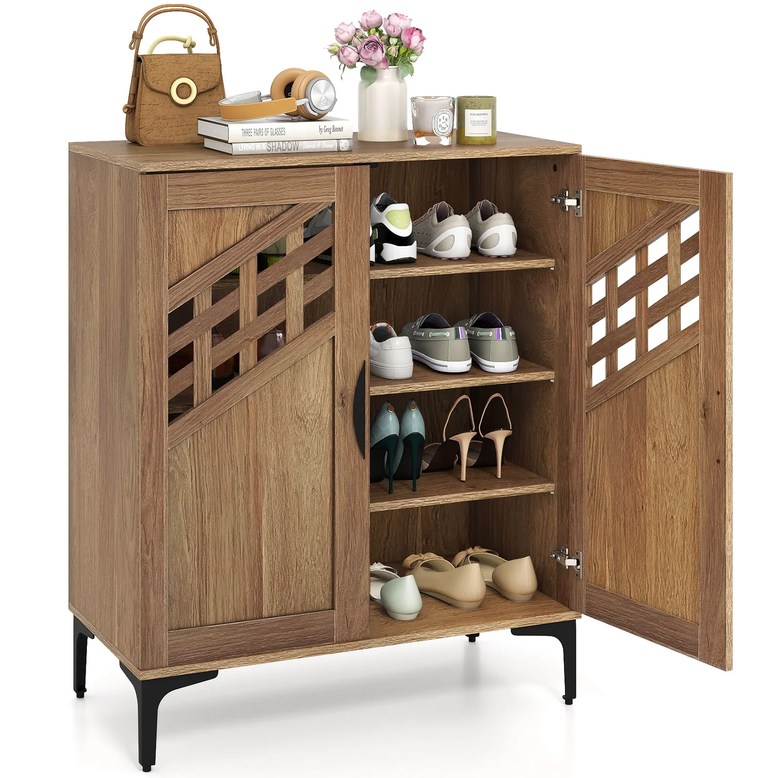 4 Tier Farmhouse Shoe Storage Cabinet with Removable Shelves and Metal Legs, Walnut