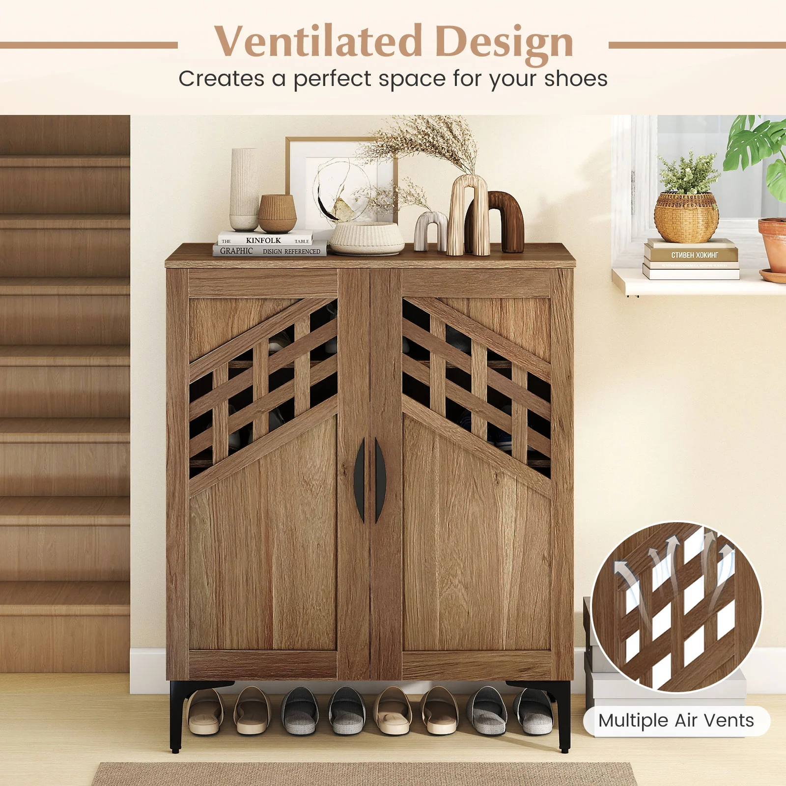 4 Tier Farmhouse Shoe Storage Cabinet with Removable Shelves and Metal Legs, Walnut - Image 10