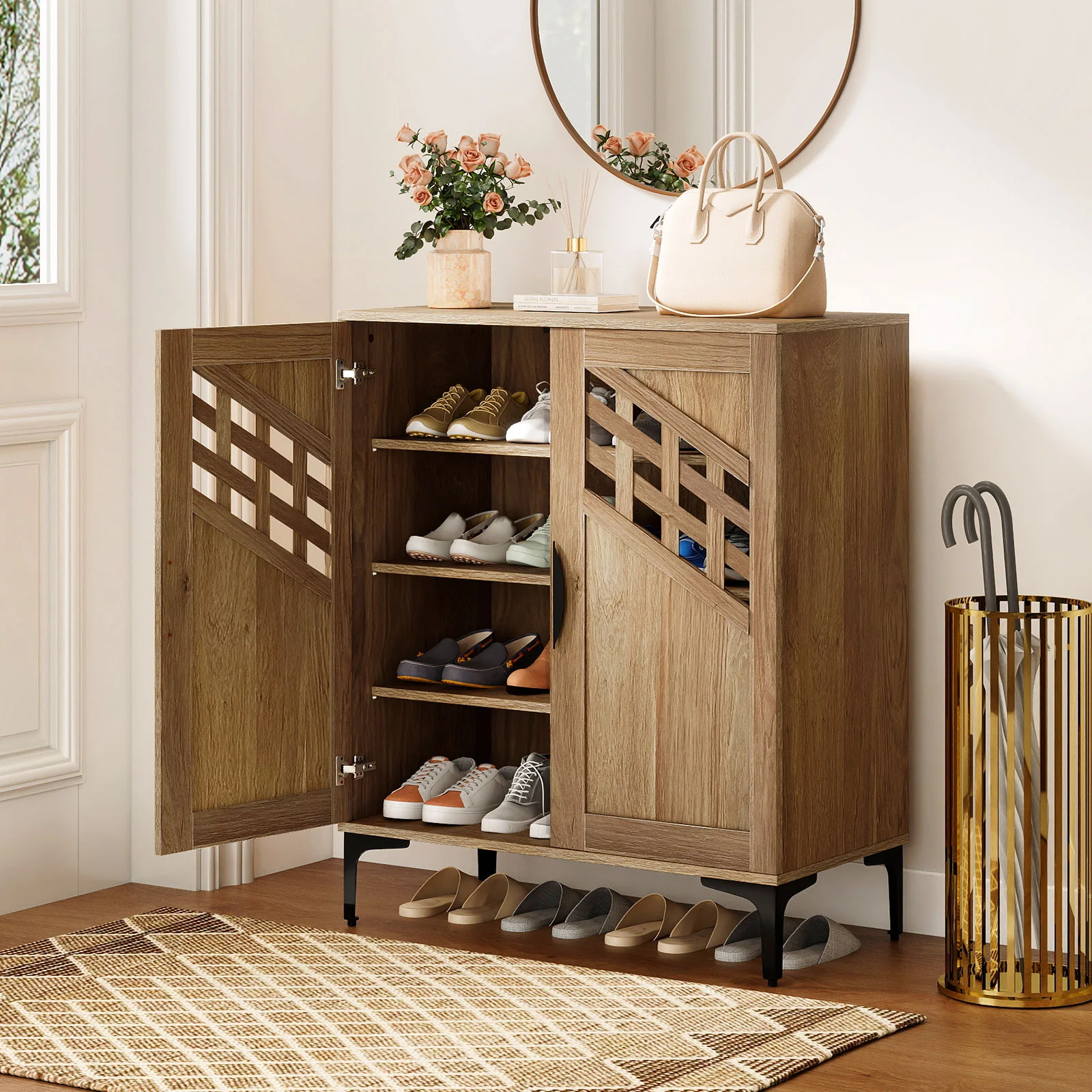 4 Tier Farmhouse Shoe Storage Cabinet with Removable Shelves and Metal Legs, Walnut - Image 2