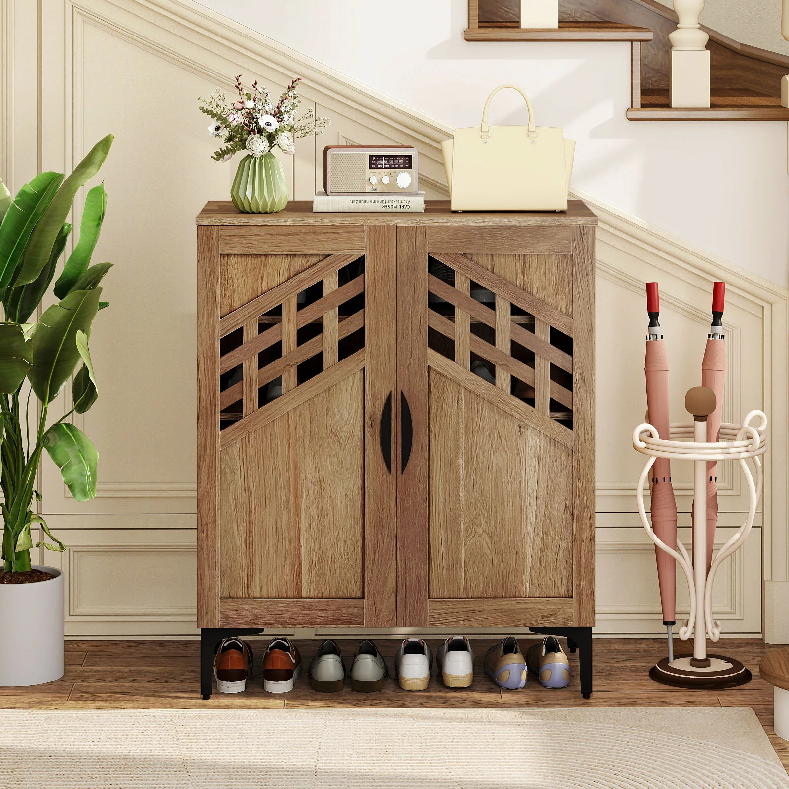 4 Tier Farmhouse Shoe Storage Cabinet with Removable Shelves and Metal Legs, Walnut - Image 3