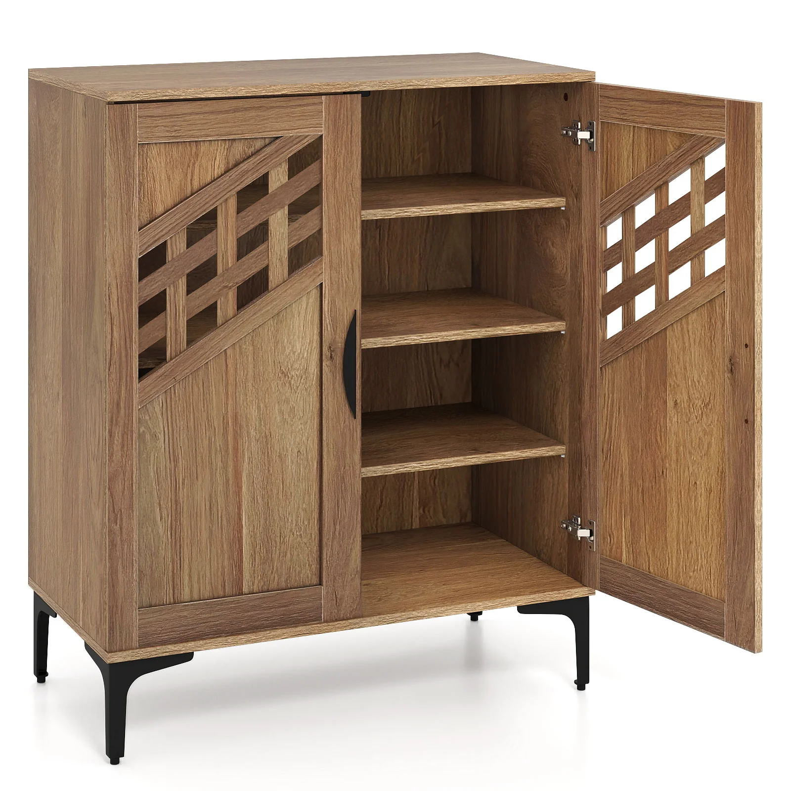 4 Tier Farmhouse Shoe Storage Cabinet with Removable Shelves and Metal Legs, Walnut - Image 5