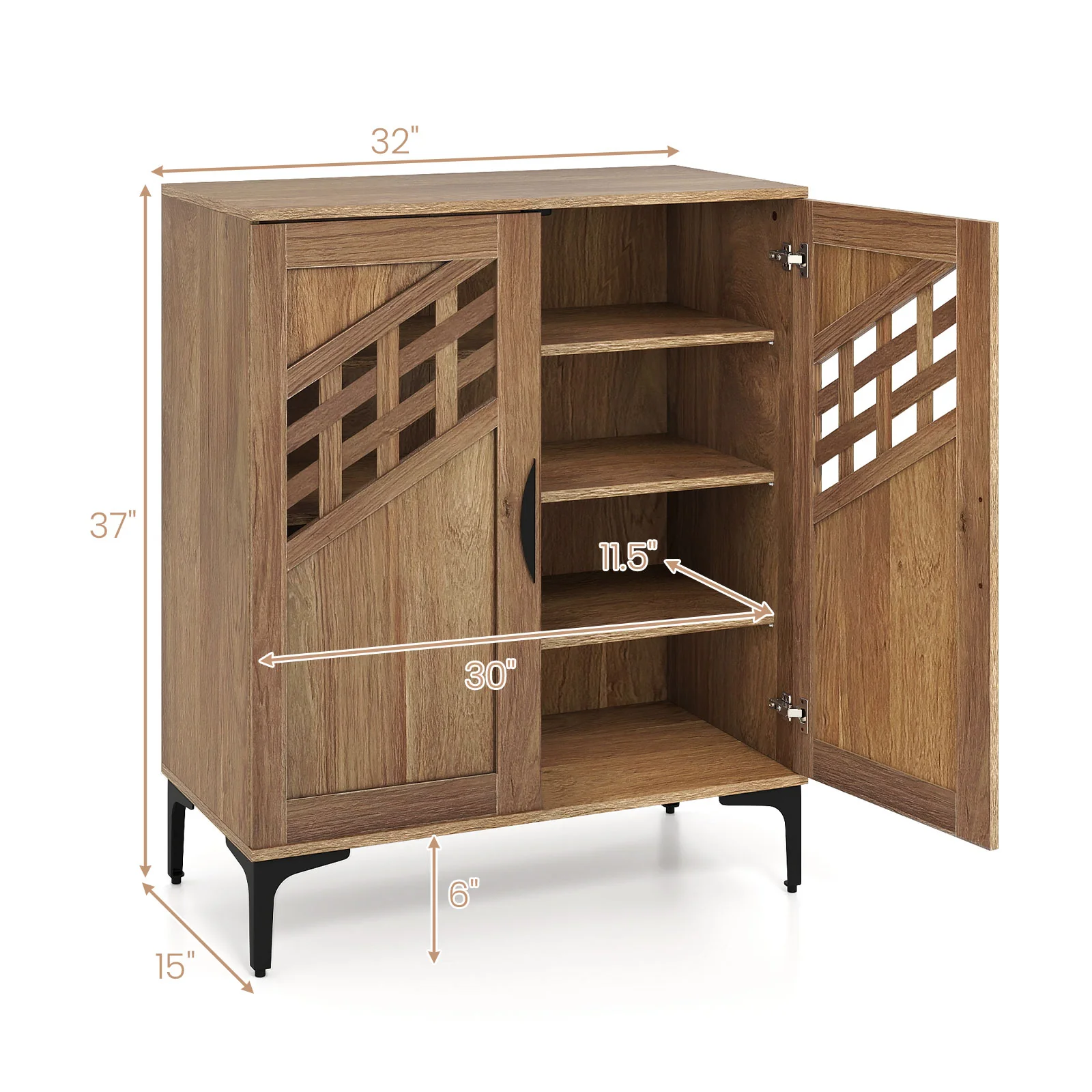 4 Tier Farmhouse Shoe Storage Cabinet with Removable Shelves and Metal Legs, Walnut - Image 6