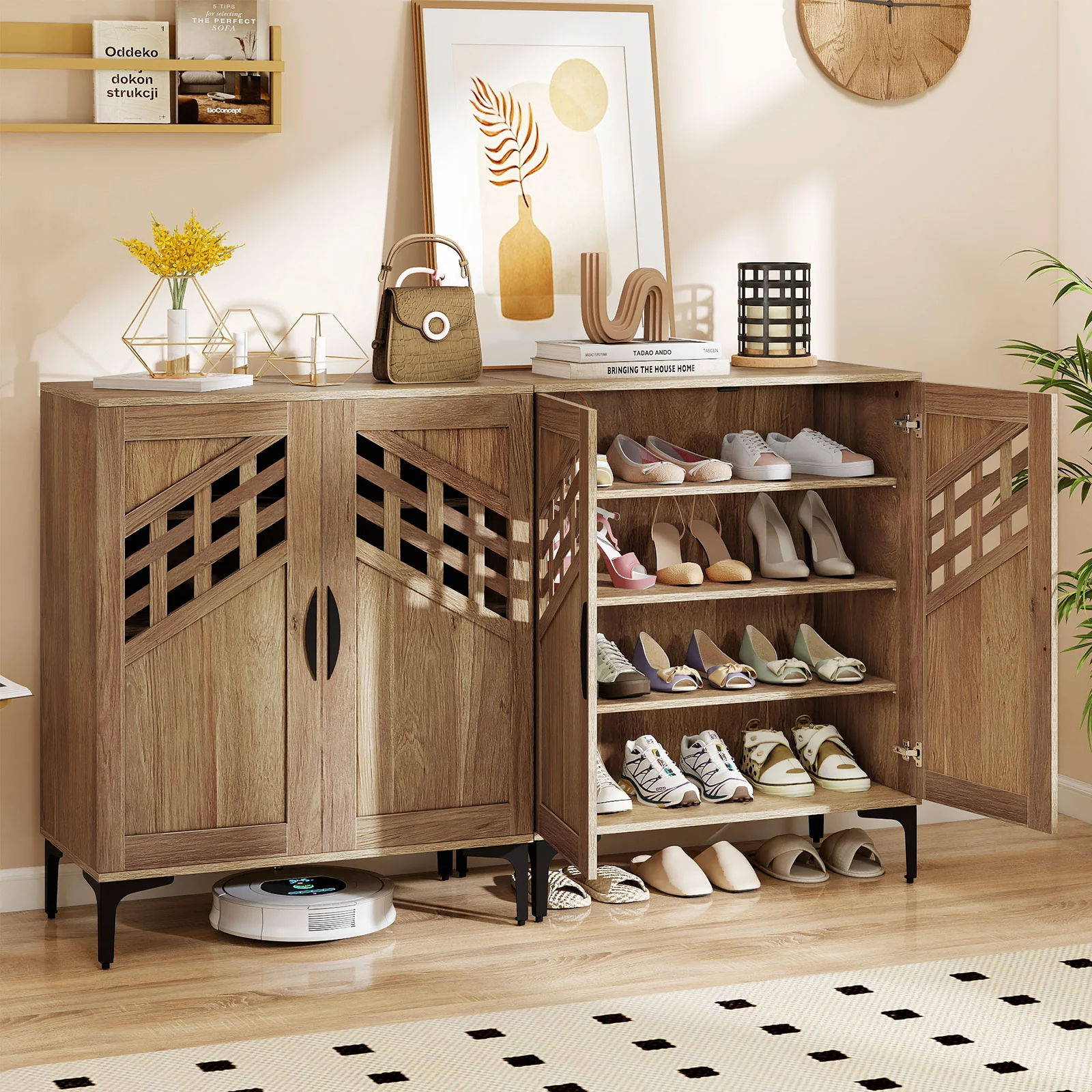 4 Tier Farmhouse Shoe Storage Cabinet with Removable Shelves and Metal Legs, Walnut - Image 7