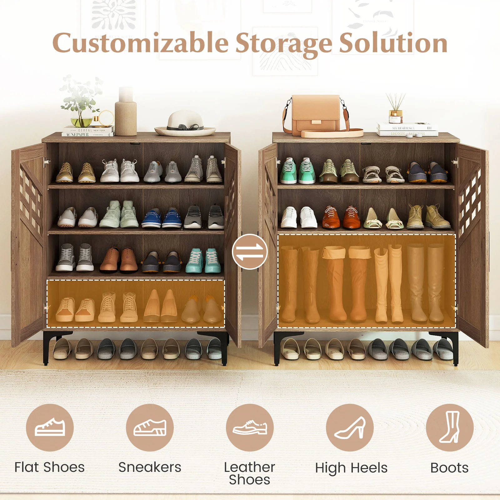 4 Tier Farmhouse Shoe Storage Cabinet with Removable Shelves and Metal Legs, Walnut - Image 8
