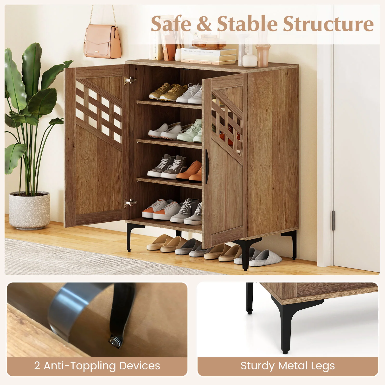 4 Tier Farmhouse Shoe Storage Cabinet with Removable Shelves and Metal Legs, Walnut - Image 9