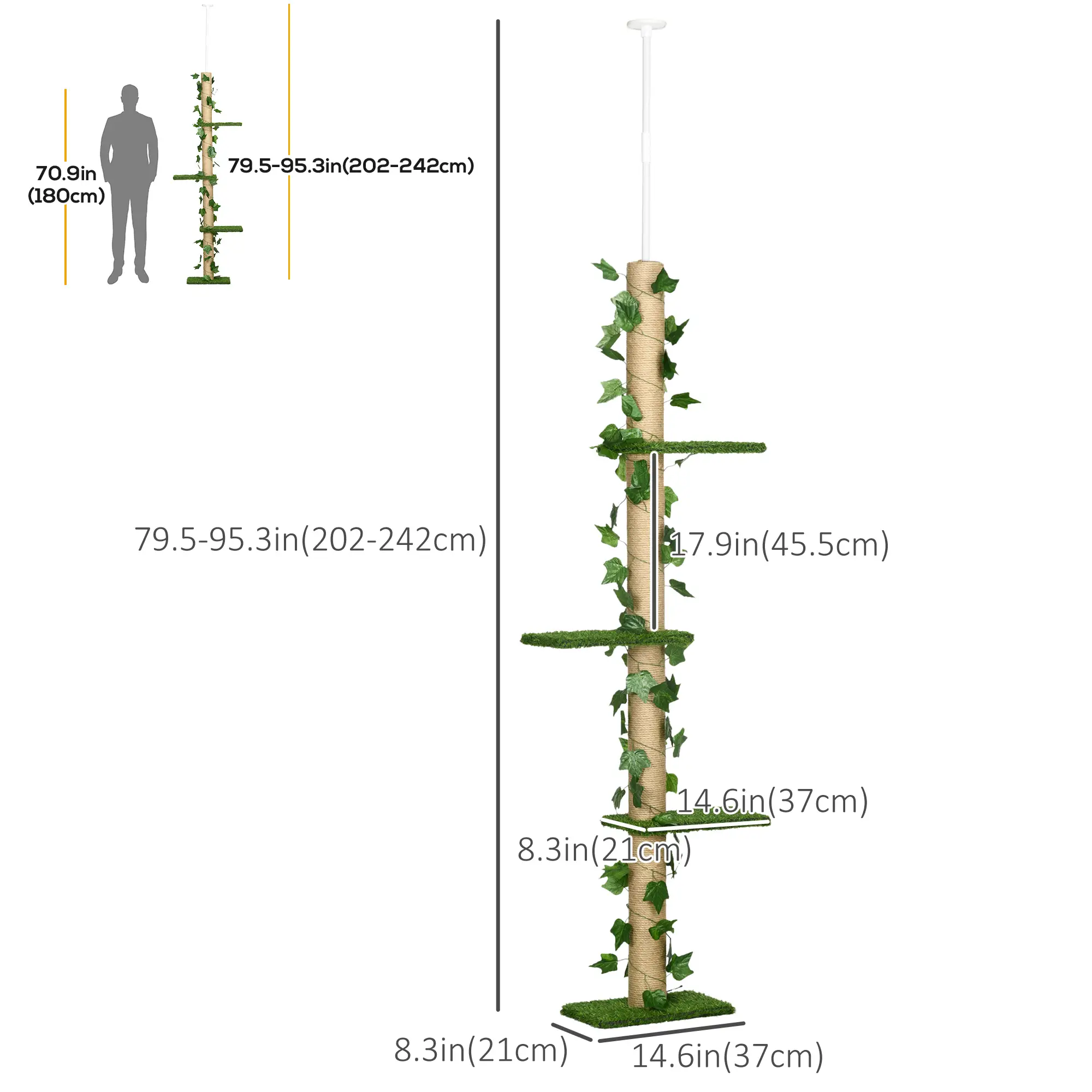 4-Tier Floor to Ceiling Cat Tree, Height 80-95Inches, Multi-Layer Activity Centre - Image 3