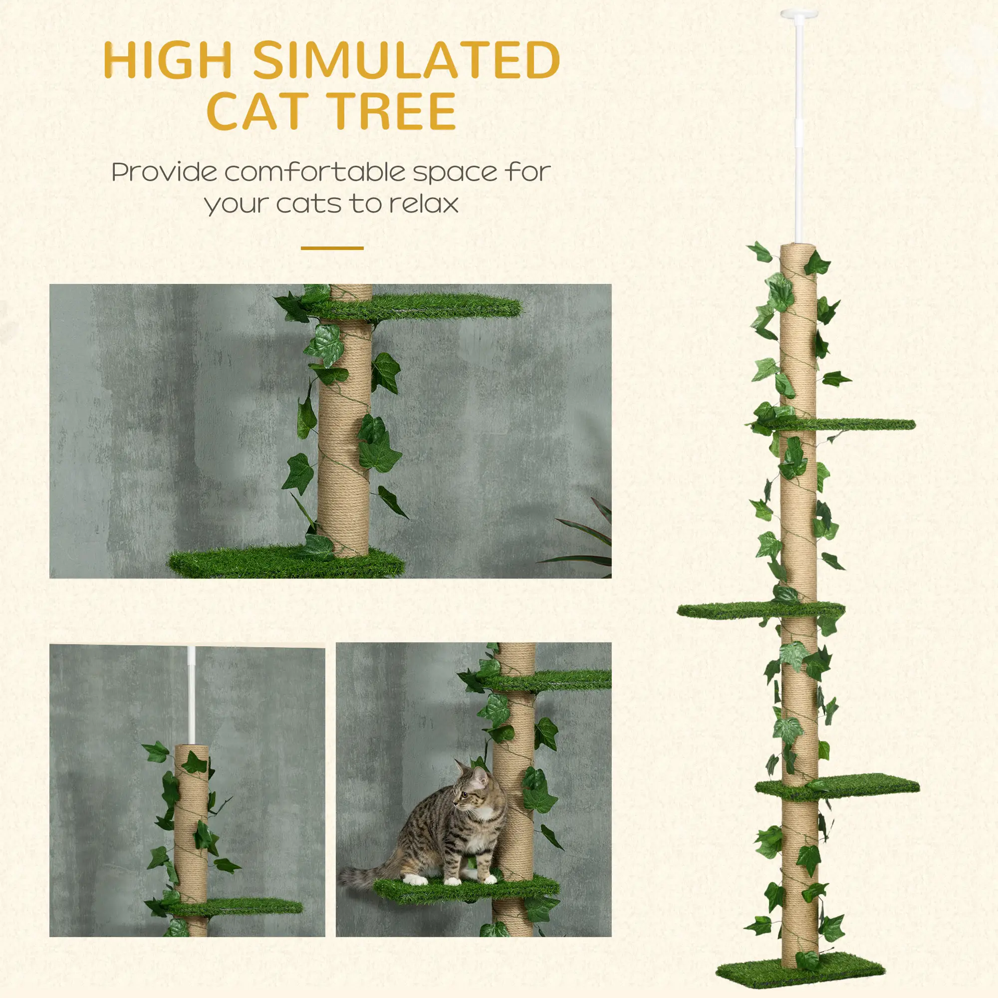 4-Tier Floor to Ceiling Cat Tree, Height 80-95Inches, Multi-Layer Activity Centre - Image 4
