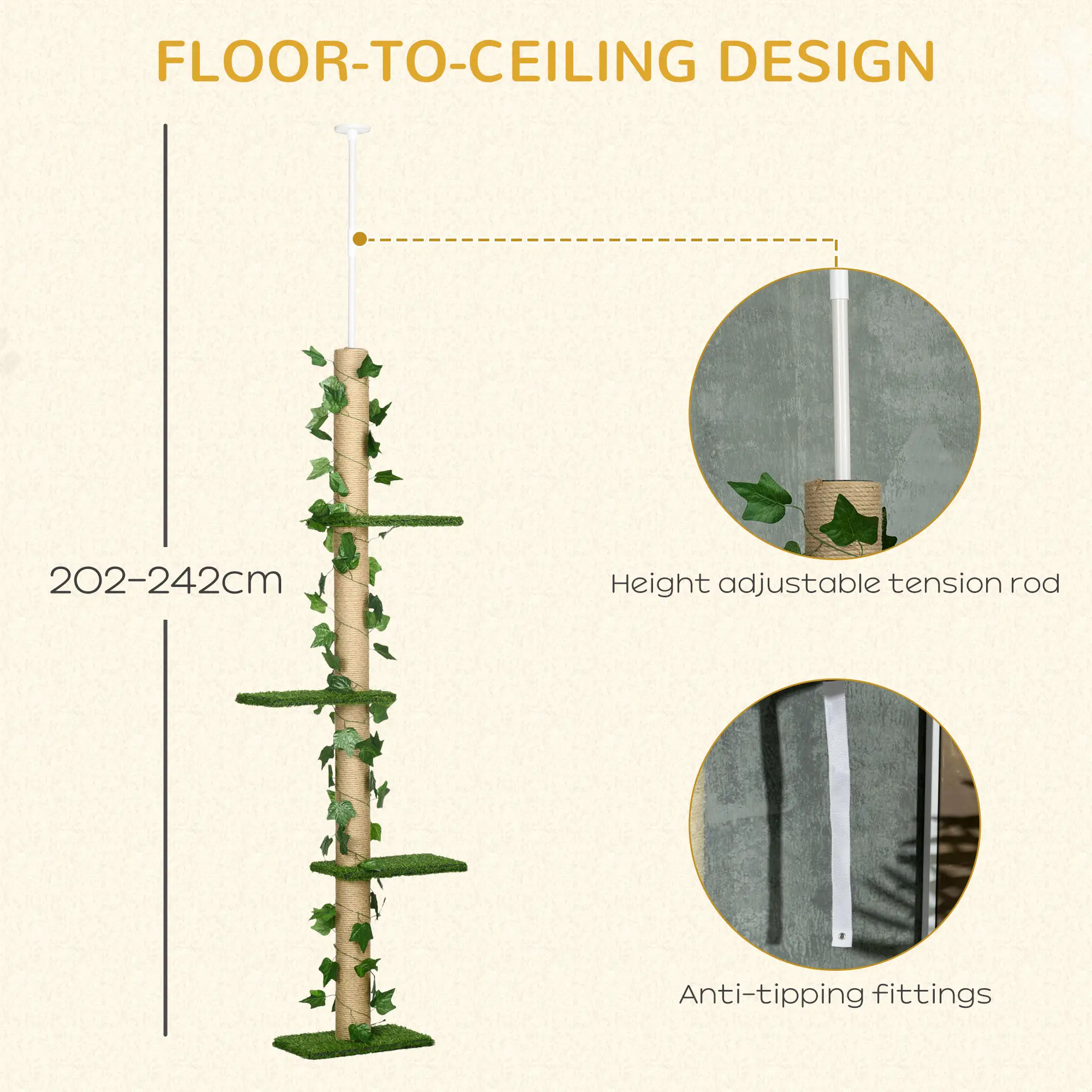 4-Tier Floor to Ceiling Cat Tree, Height 80-95Inches, Multi-Layer Activity Centre - Image 5