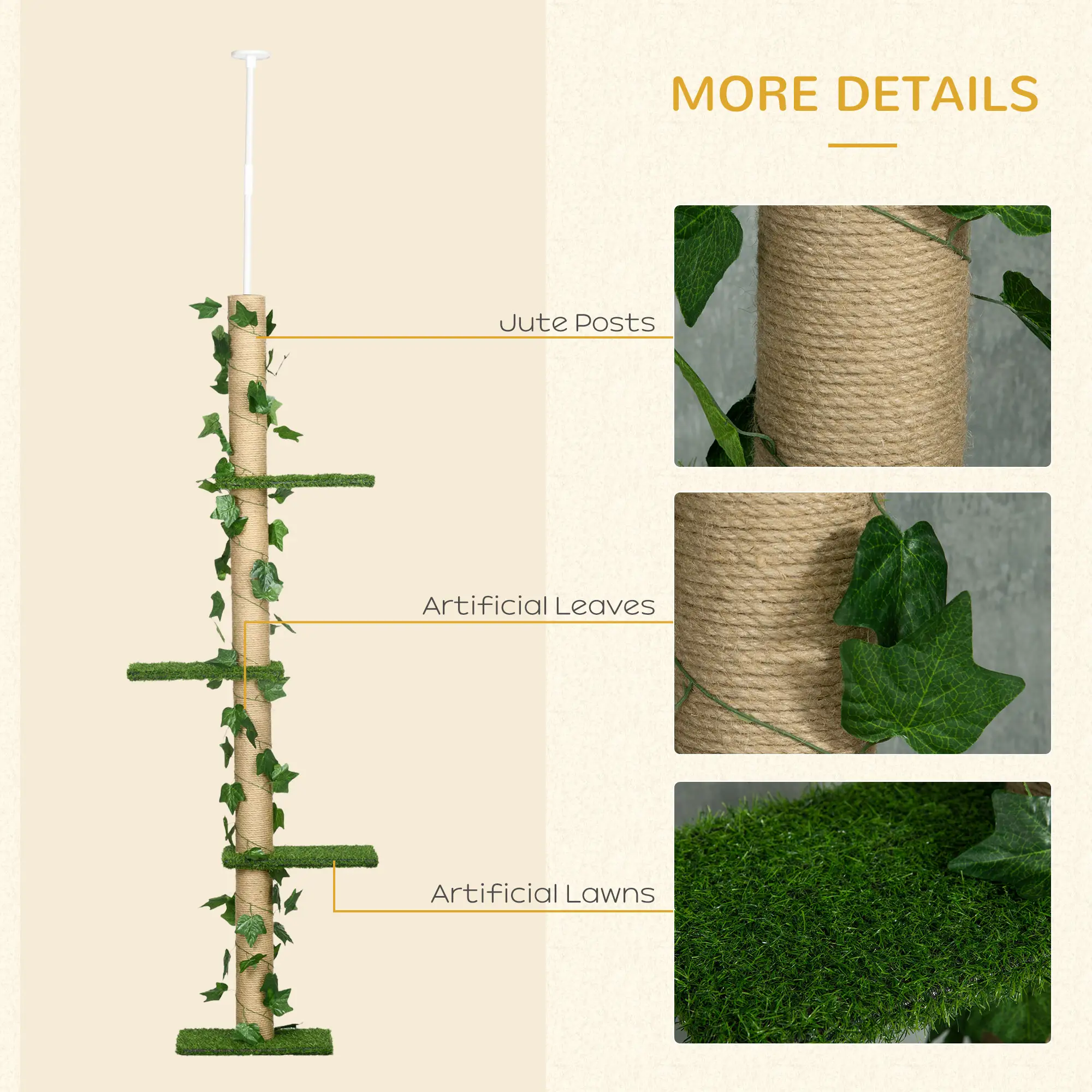 4-Tier Floor to Ceiling Cat Tree, Height 80-95Inches, Multi-Layer Activity Centre - Image 6
