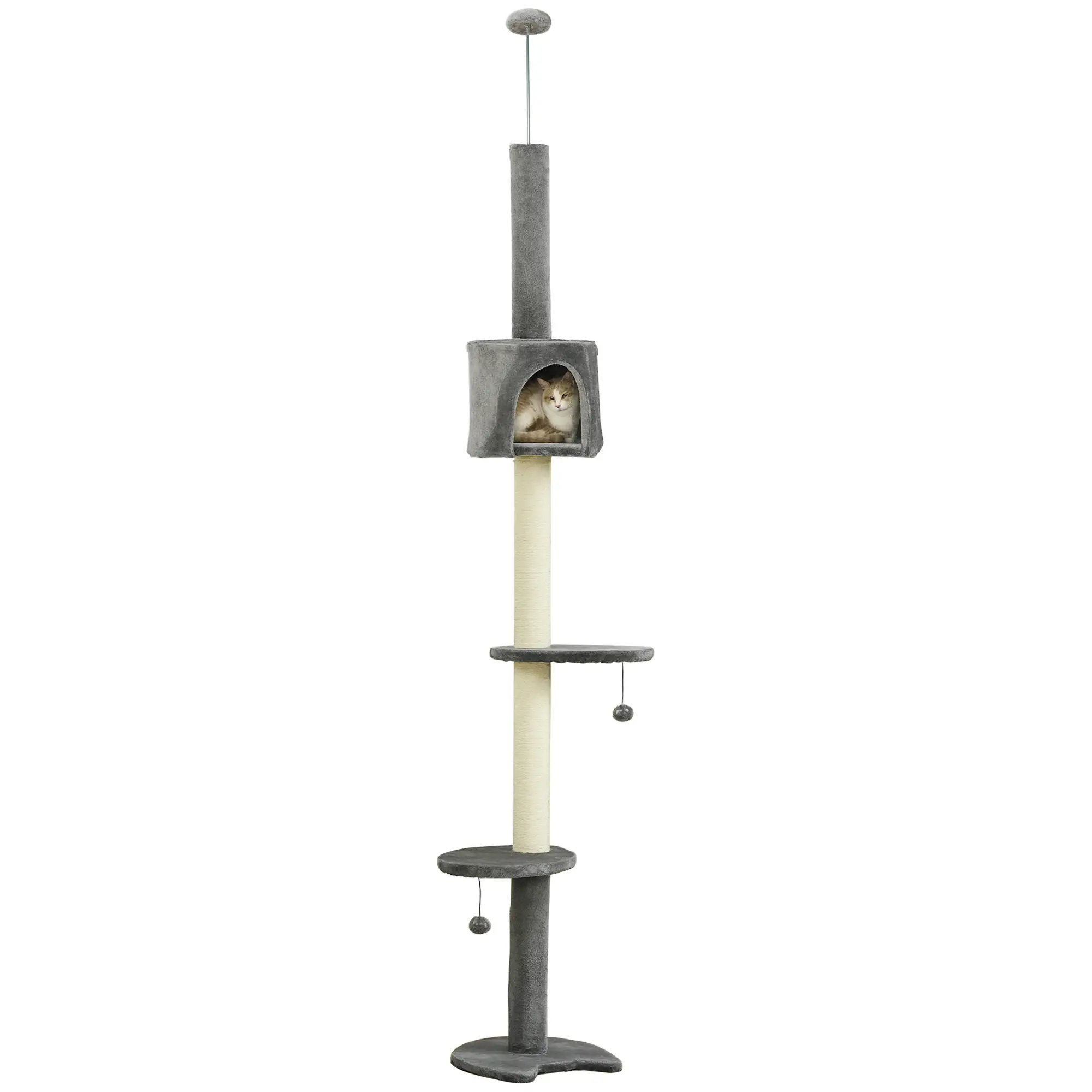 4-Tier Floor to Ceiling Cat Tree, Scratching Post, Plush, Toy Ball, Light Grey