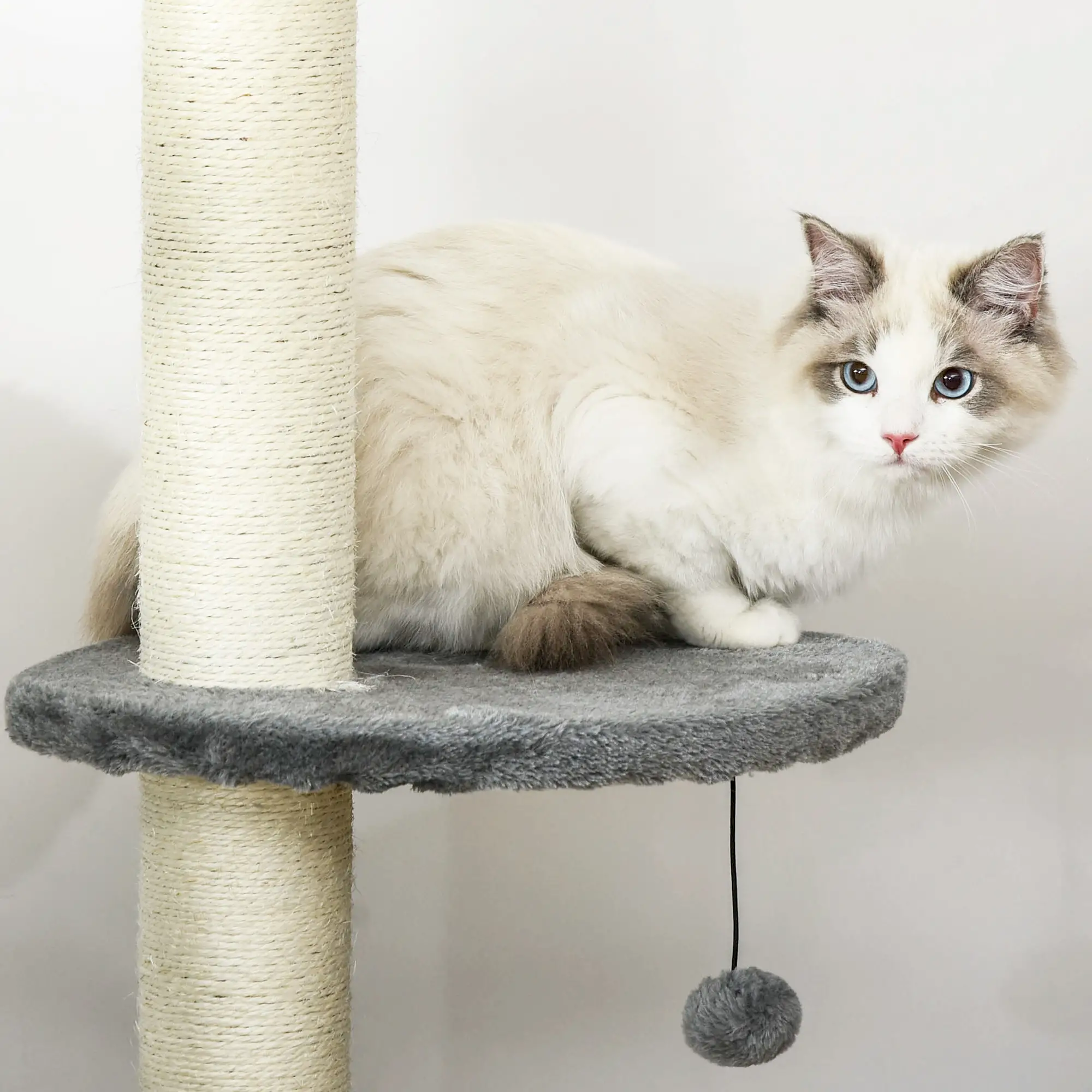 4-Tier Floor to Ceiling Cat Tree, Scratching Post, Plush, Toy Ball, Light Grey - Image 10