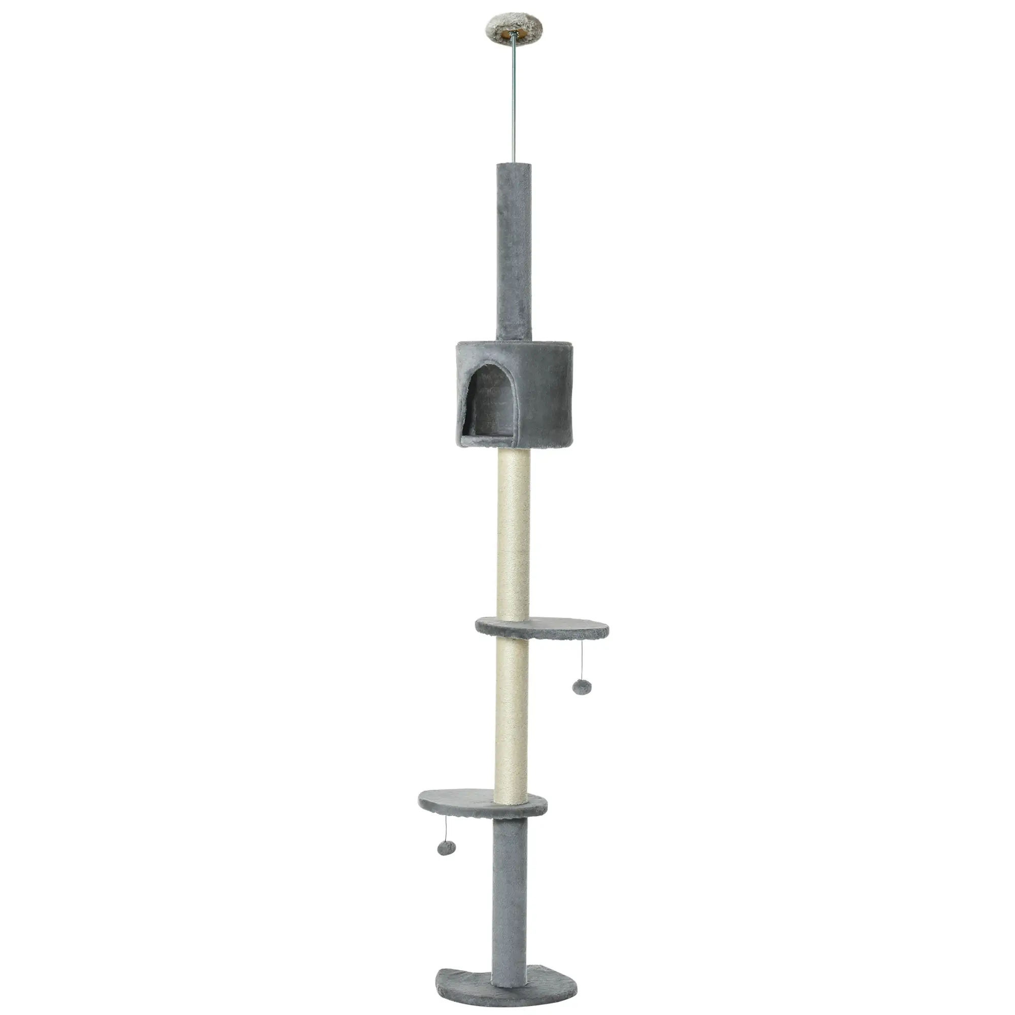 4-Tier Floor to Ceiling Cat Tree, Scratching Post, Plush, Toy Ball, Light Grey - Image 11