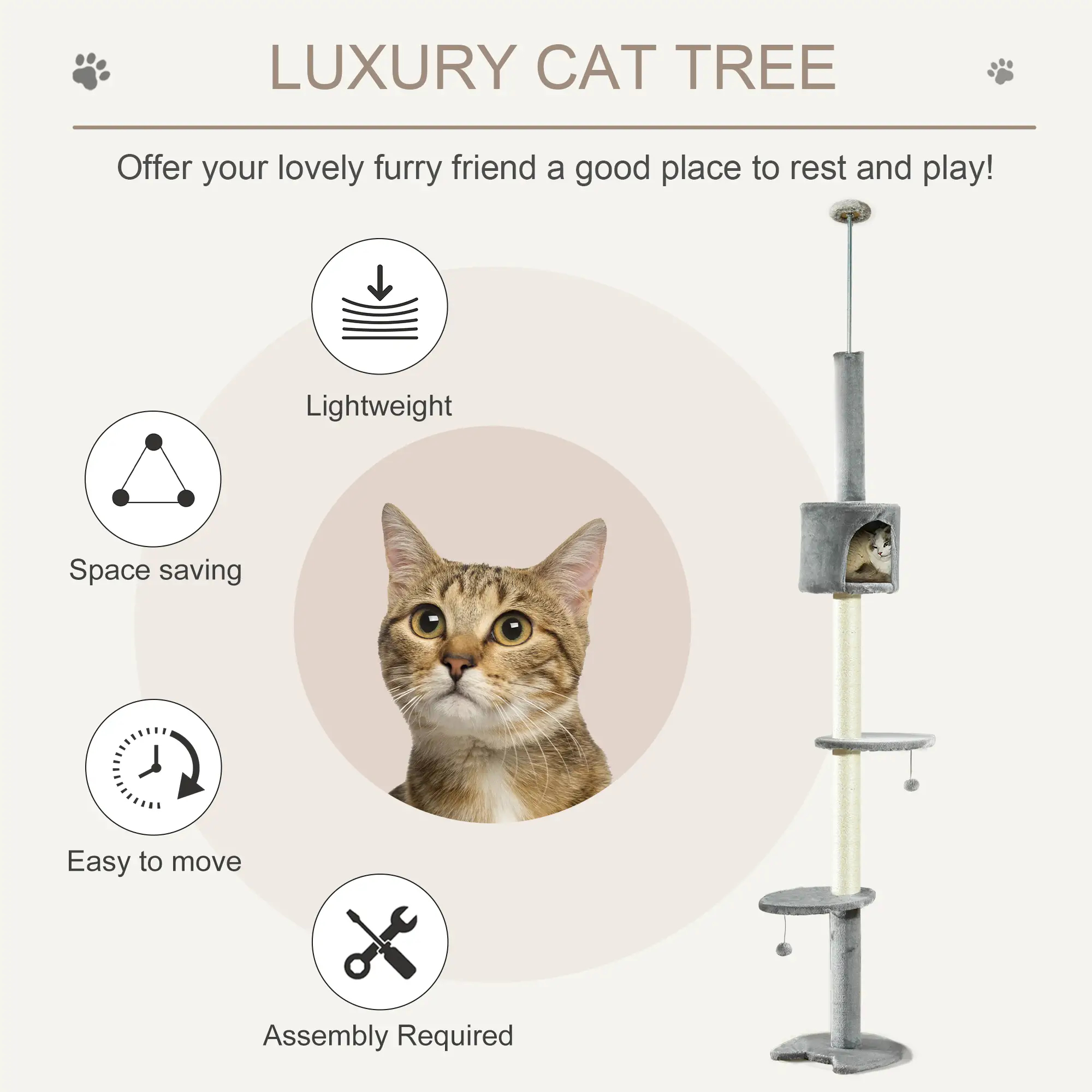 4-Tier Floor to Ceiling Cat Tree, Scratching Post, Plush, Toy Ball, Light Grey - Image 4