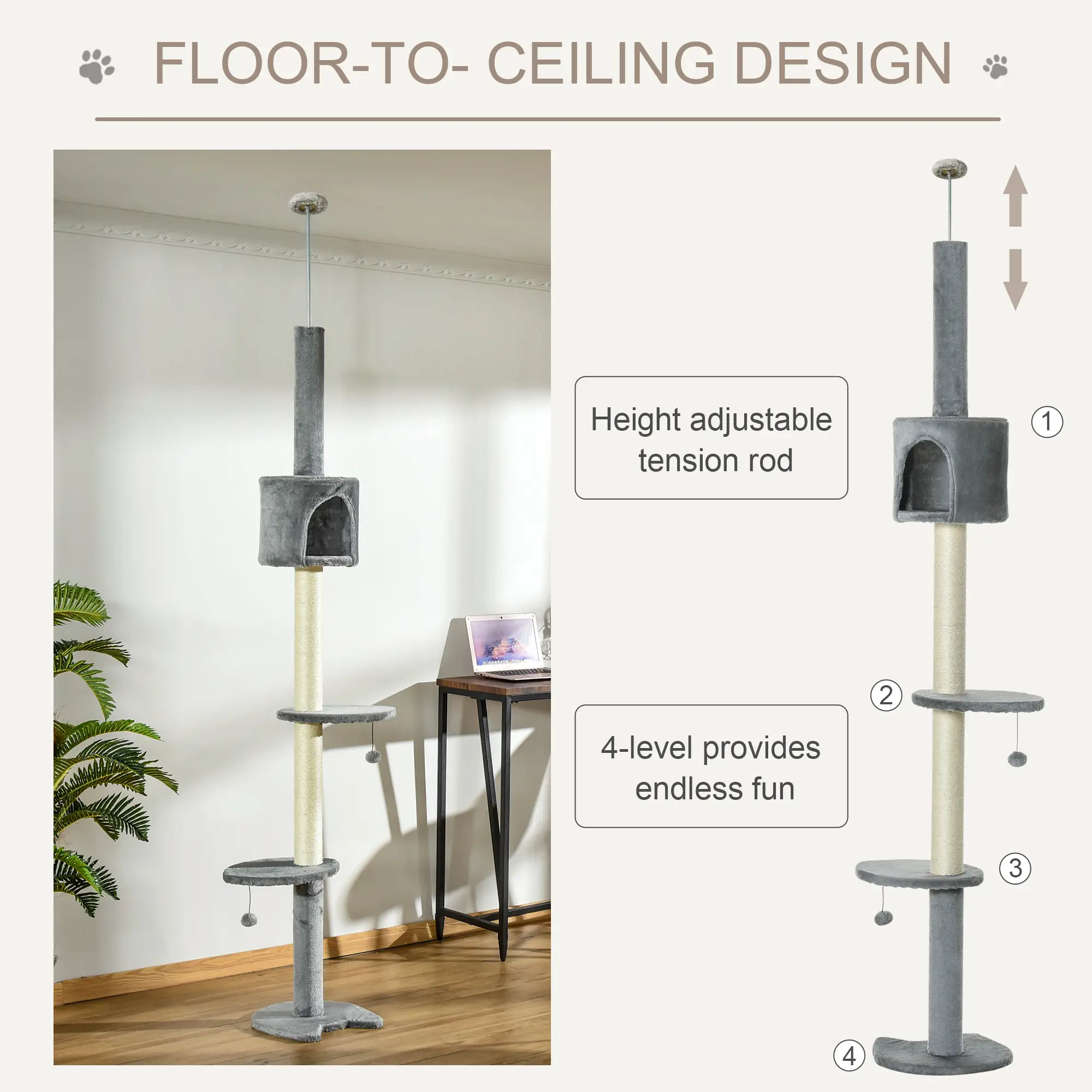 4-Tier Floor to Ceiling Cat Tree, Scratching Post, Plush, Toy Ball, Light Grey - Image 5